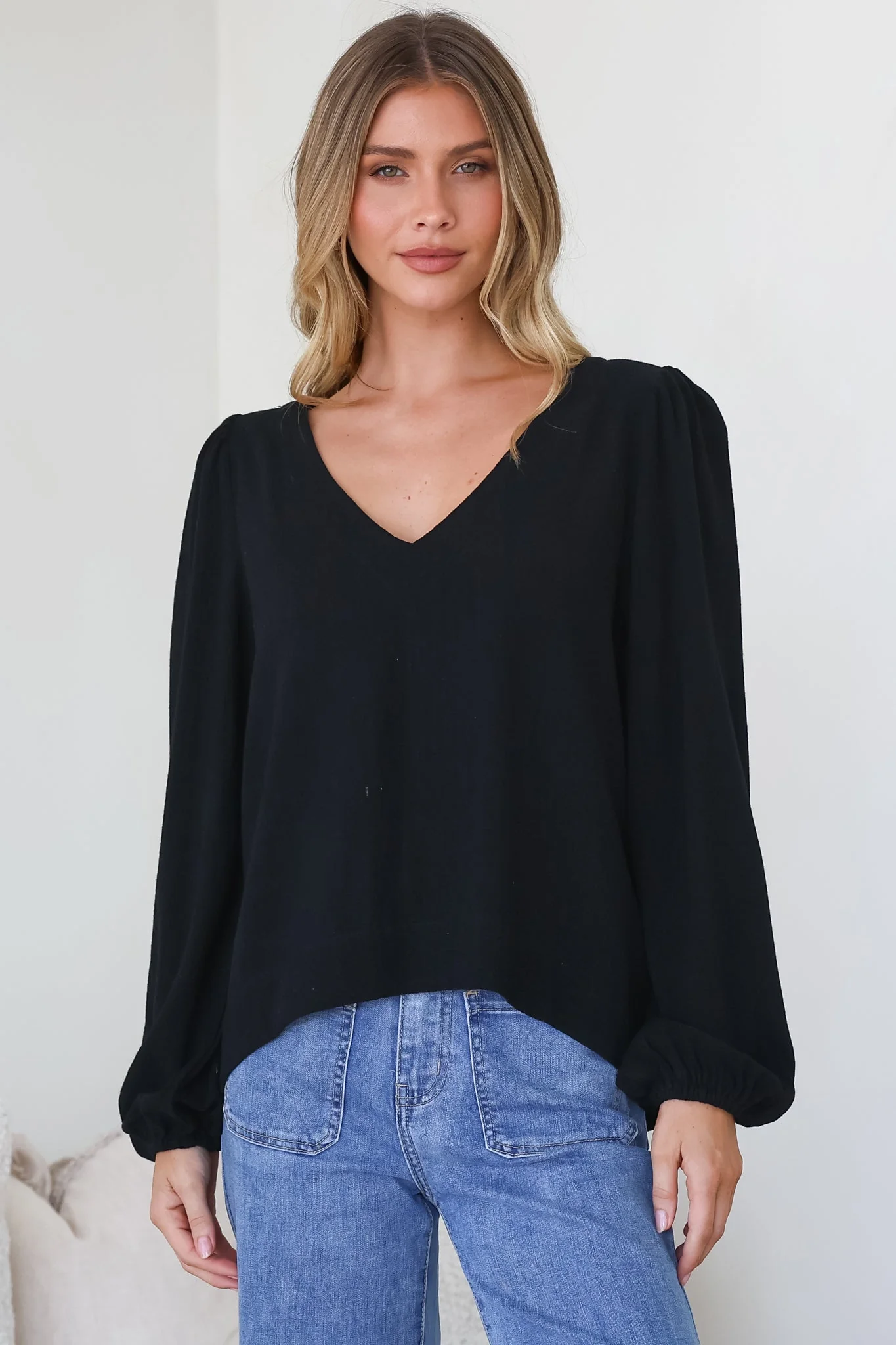 Ritual Top - V-Neck High Low Pull Over with Long Balloon Sleeves in Black - Image 5