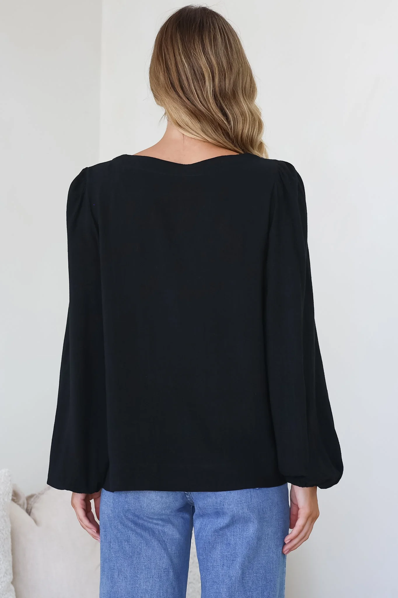 Ritual Top - V-Neck High Low Pull Over with Long Balloon Sleeves in Black - Image 7