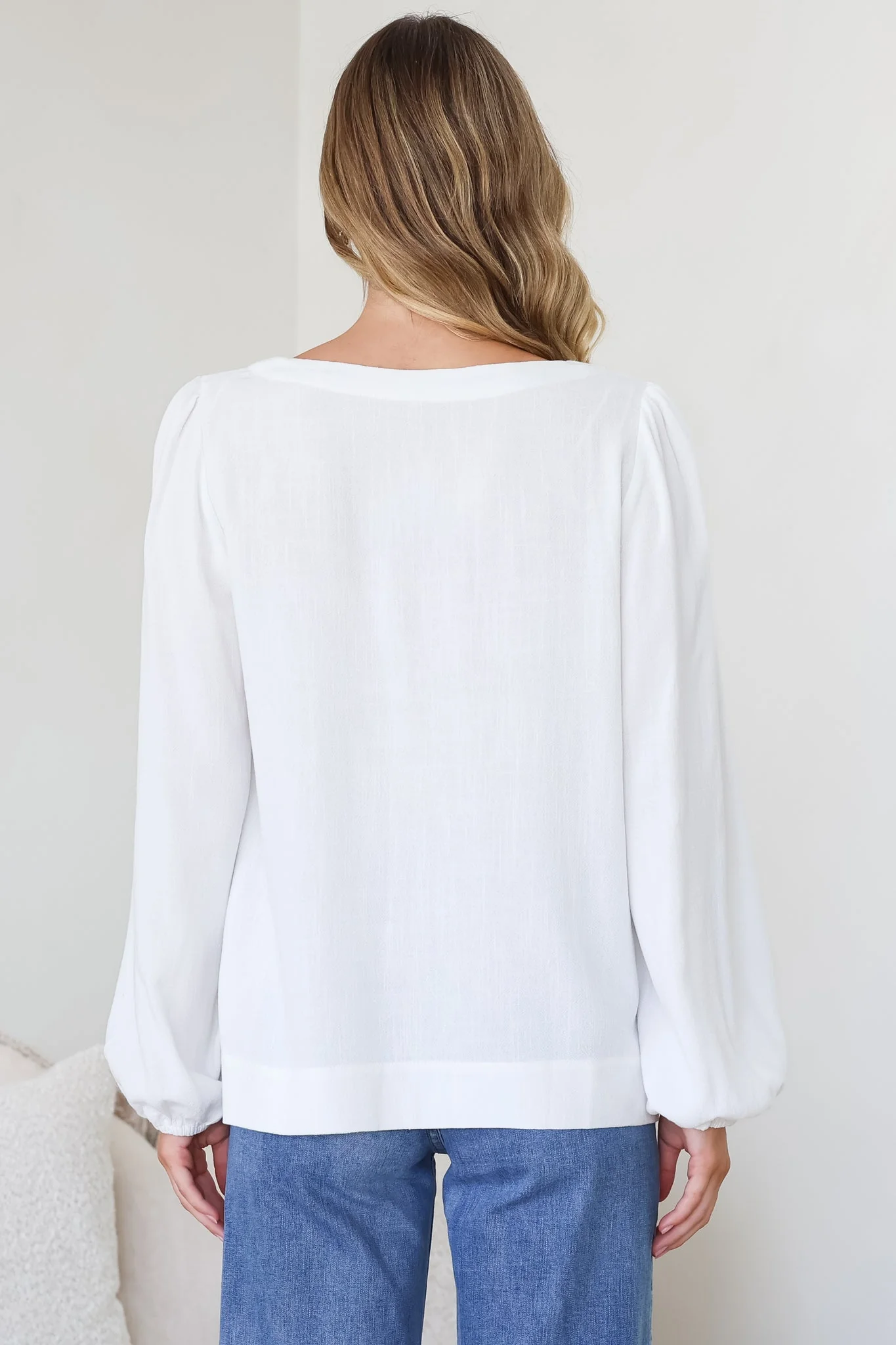 Ritual Top - V-Neck High Low Pull Over with Long Balloon Sleeves in White - Image 9