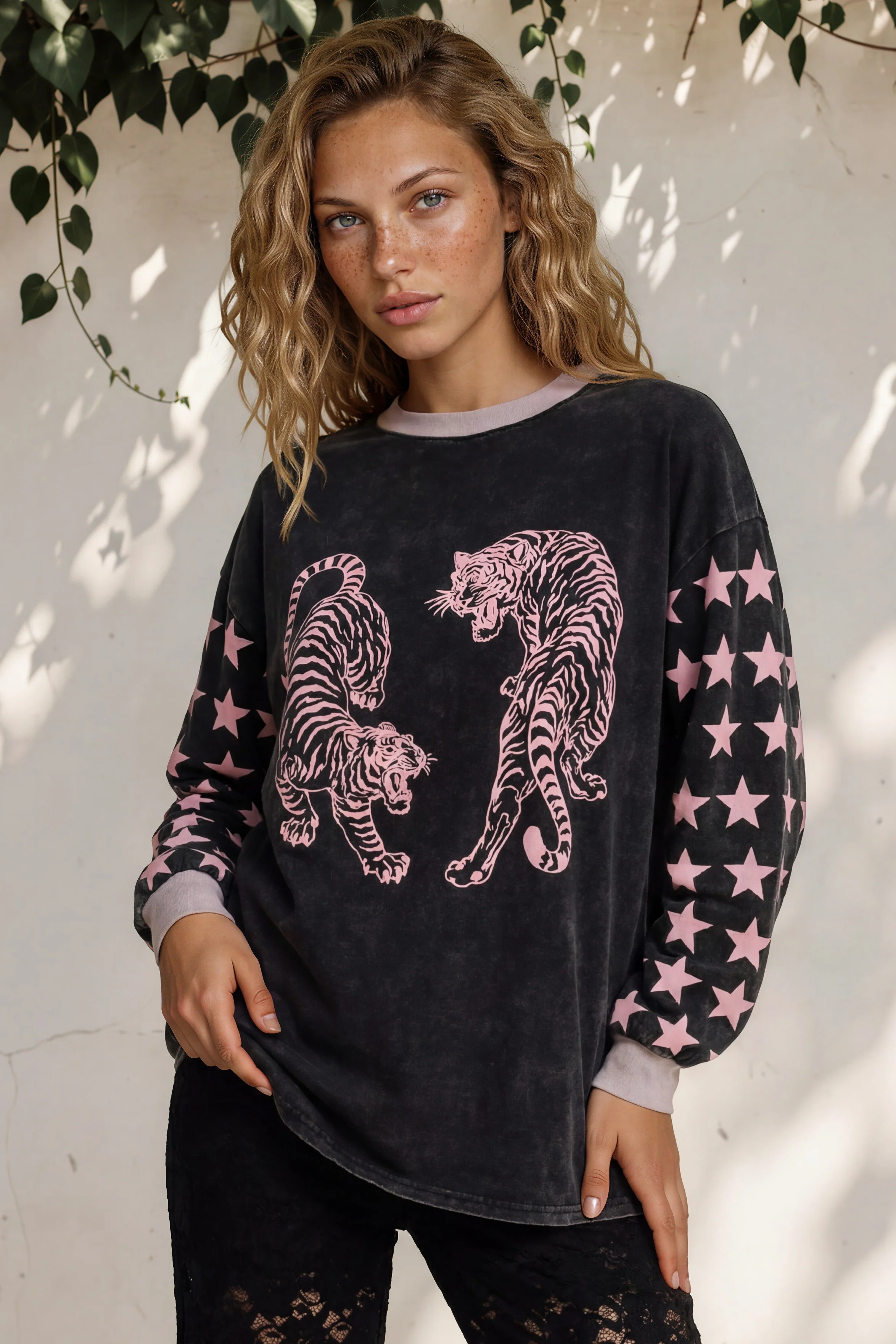 Rival Tiger Long Sleeve Tee - Crew Neck Contrast Stripe Graphic T-Shirt in Black Acid Wash - Image 2