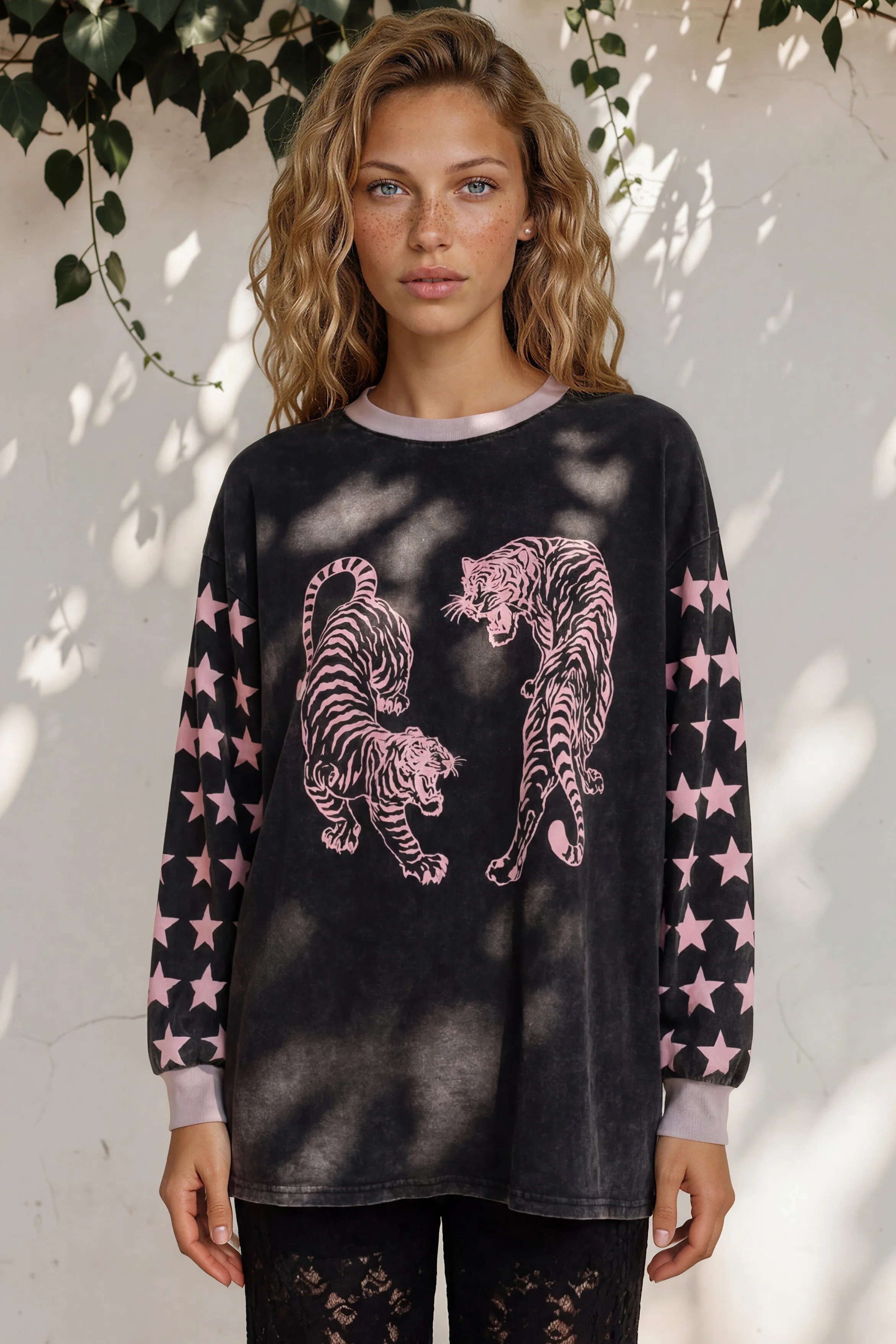 Rival Tiger Long Sleeve Tee - Crew Neck Contrast Stripe Graphic T-Shirt in Black Acid Wash - Image 3