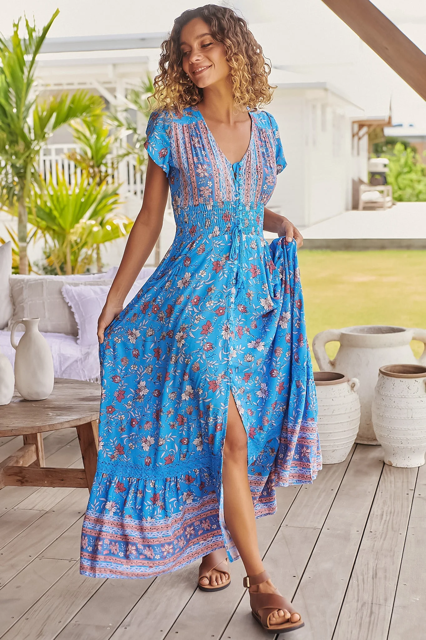 JAASE - Romi Maxi Dress: Button Down Cap Sleeve Dress with Waist Tie in Josianne Print - Image 4