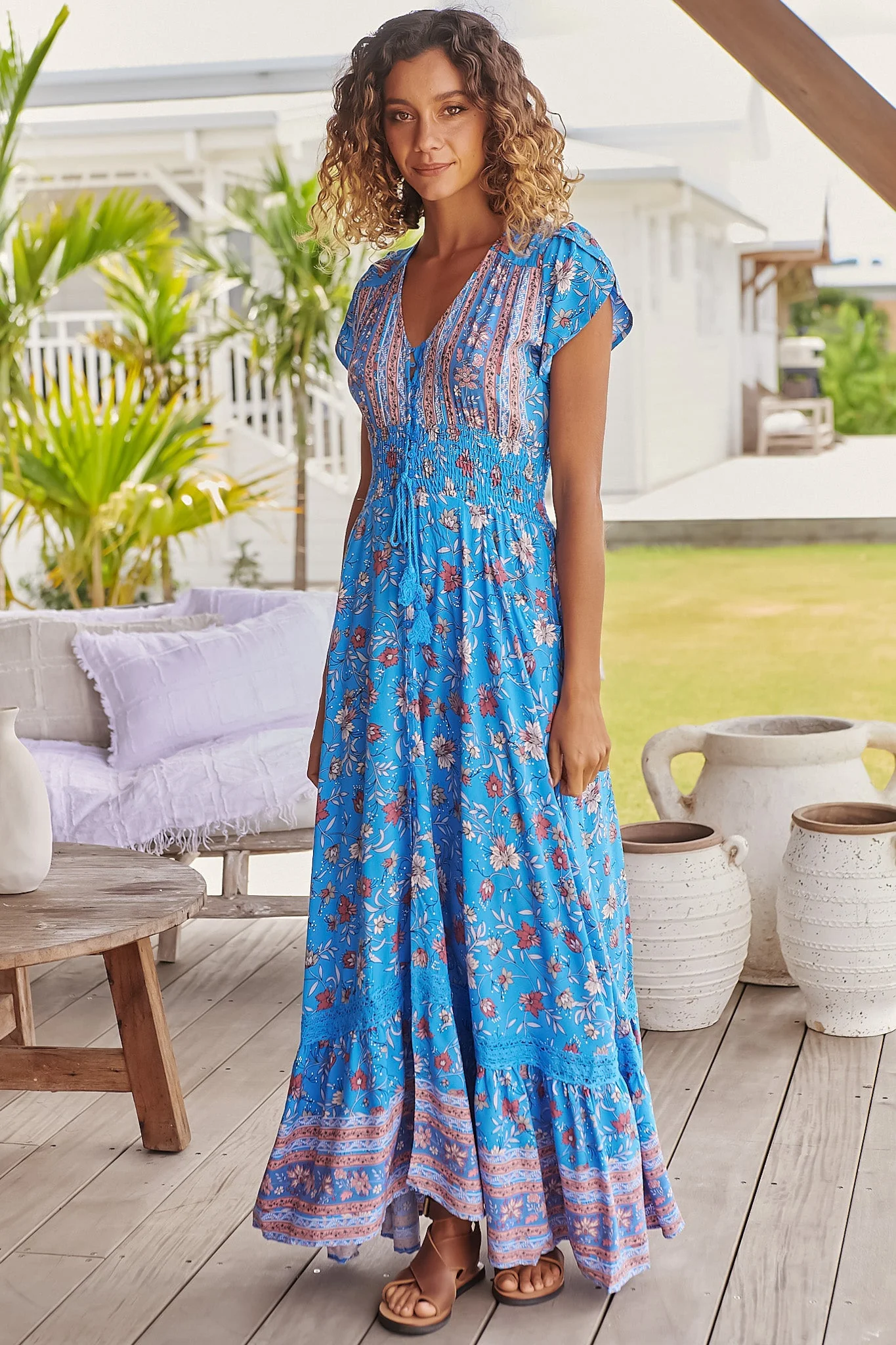 JAASE - Romi Maxi Dress: Button Down Cap Sleeve Dress with Waist Tie in Josianne Print - Image 5