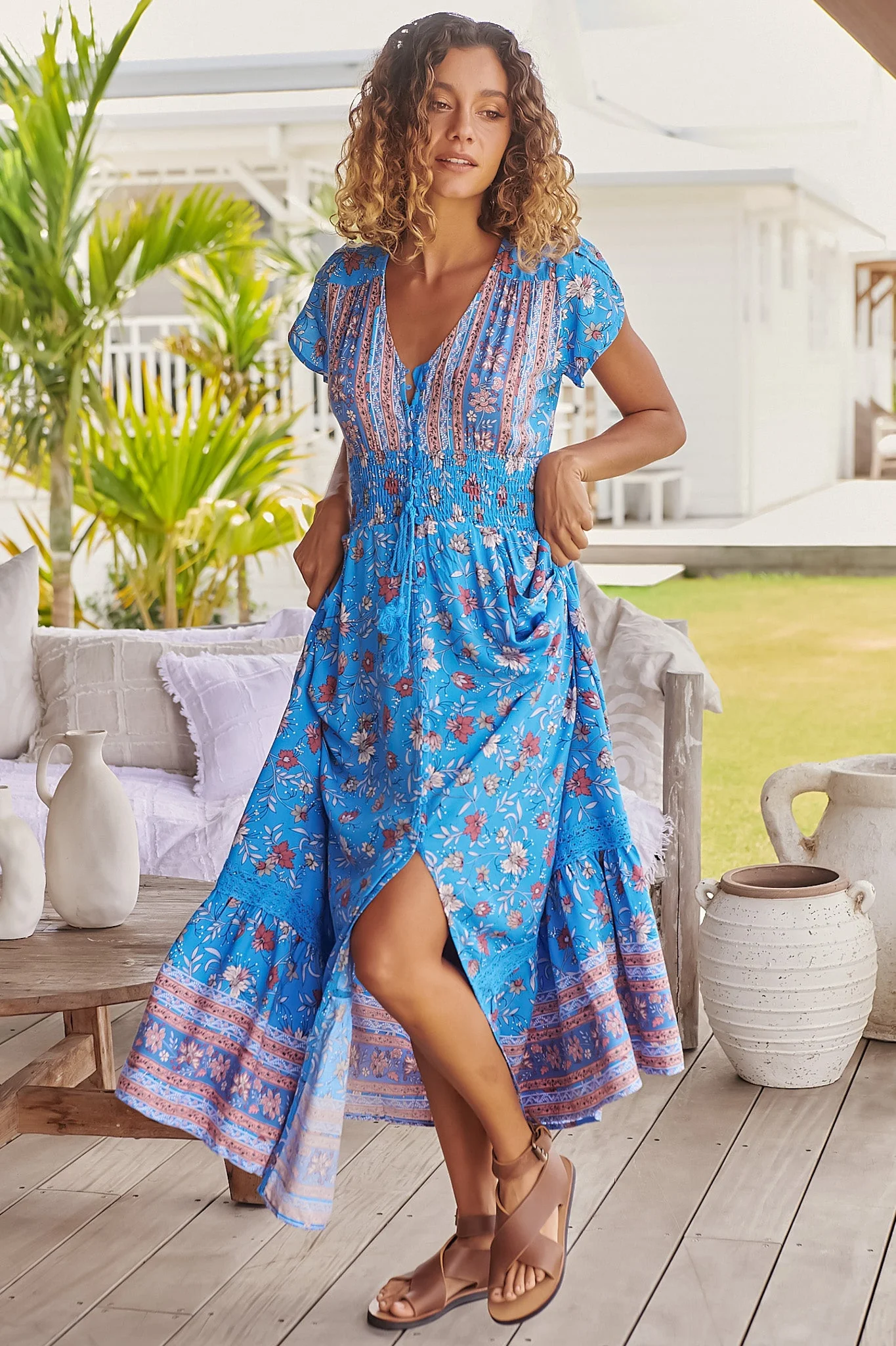 JAASE - Romi Maxi Dress: Button Down Cap Sleeve Dress with Waist Tie in Josianne Print - Image 6