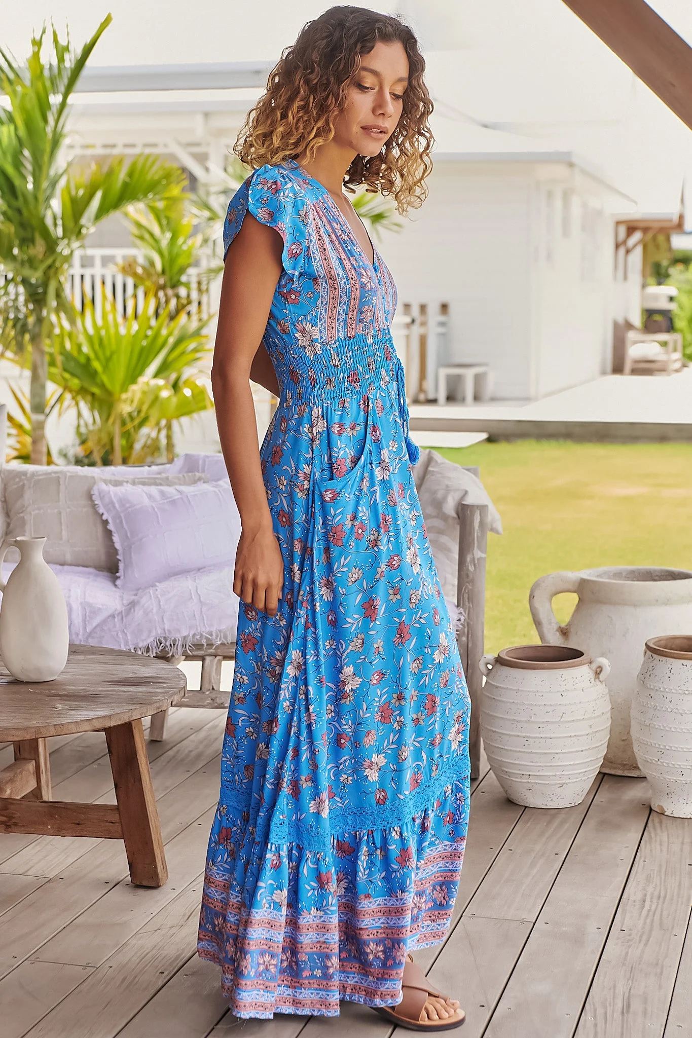 JAASE - Romi Maxi Dress: Button Down Cap Sleeve Dress with Waist Tie in Josianne Print - Image 8