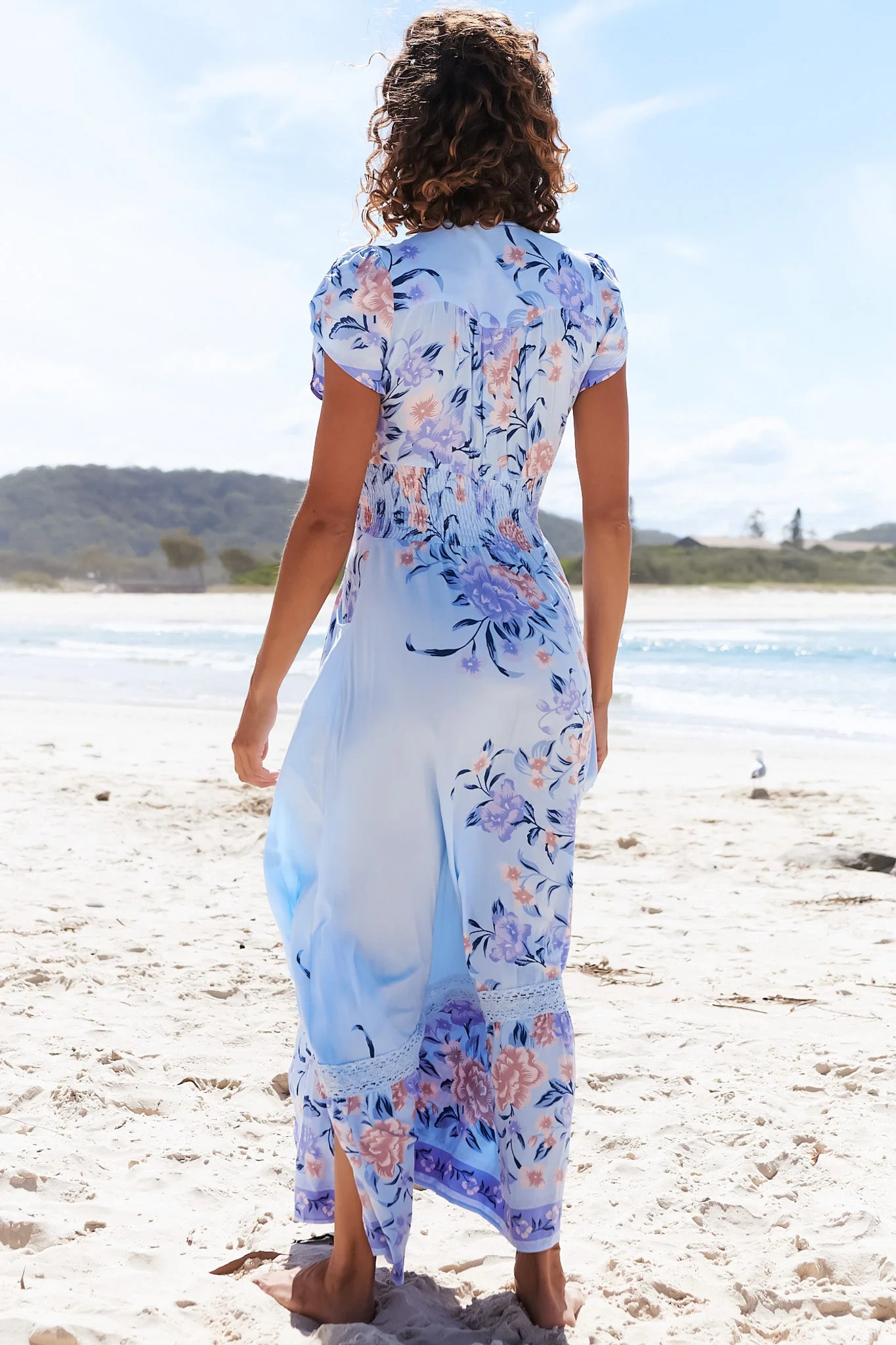 JAASE - Romi Maxi Dress: V Neck Cap Sleeve A-Line Button Through Dress in Heaven Print - Image 10