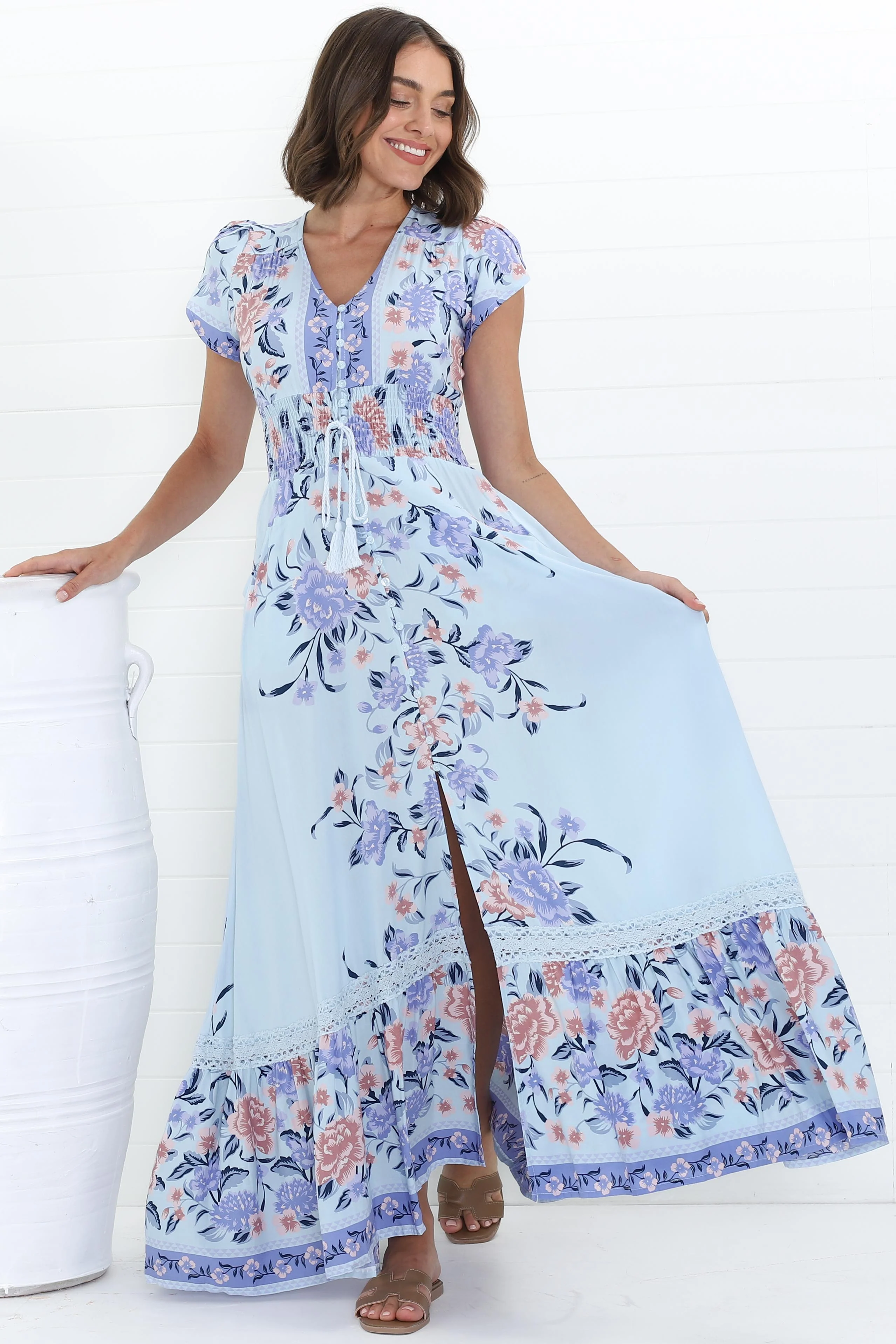 JAASE - Romi Maxi Dress: V Neck Cap Sleeve A-Line Button Through Dress in Heaven Print - Image 13