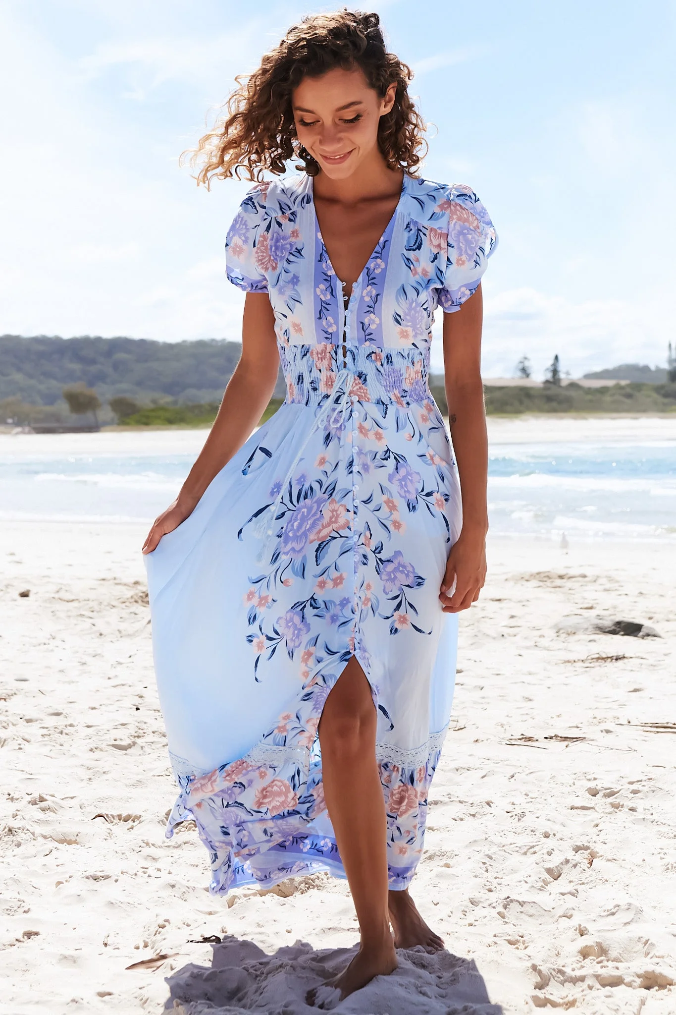 JAASE - Romi Maxi Dress: V Neck Cap Sleeve A-Line Button Through Dress in Heaven Print - Image 5
