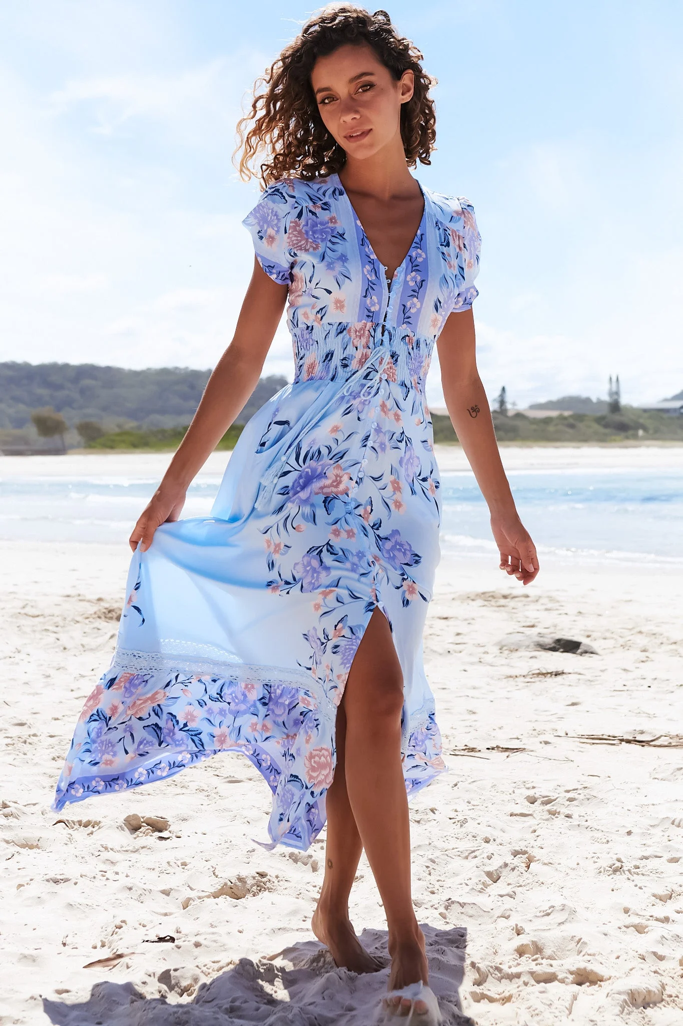 JAASE - Romi Maxi Dress: V Neck Cap Sleeve A-Line Button Through Dress in Heaven Print - Image 6