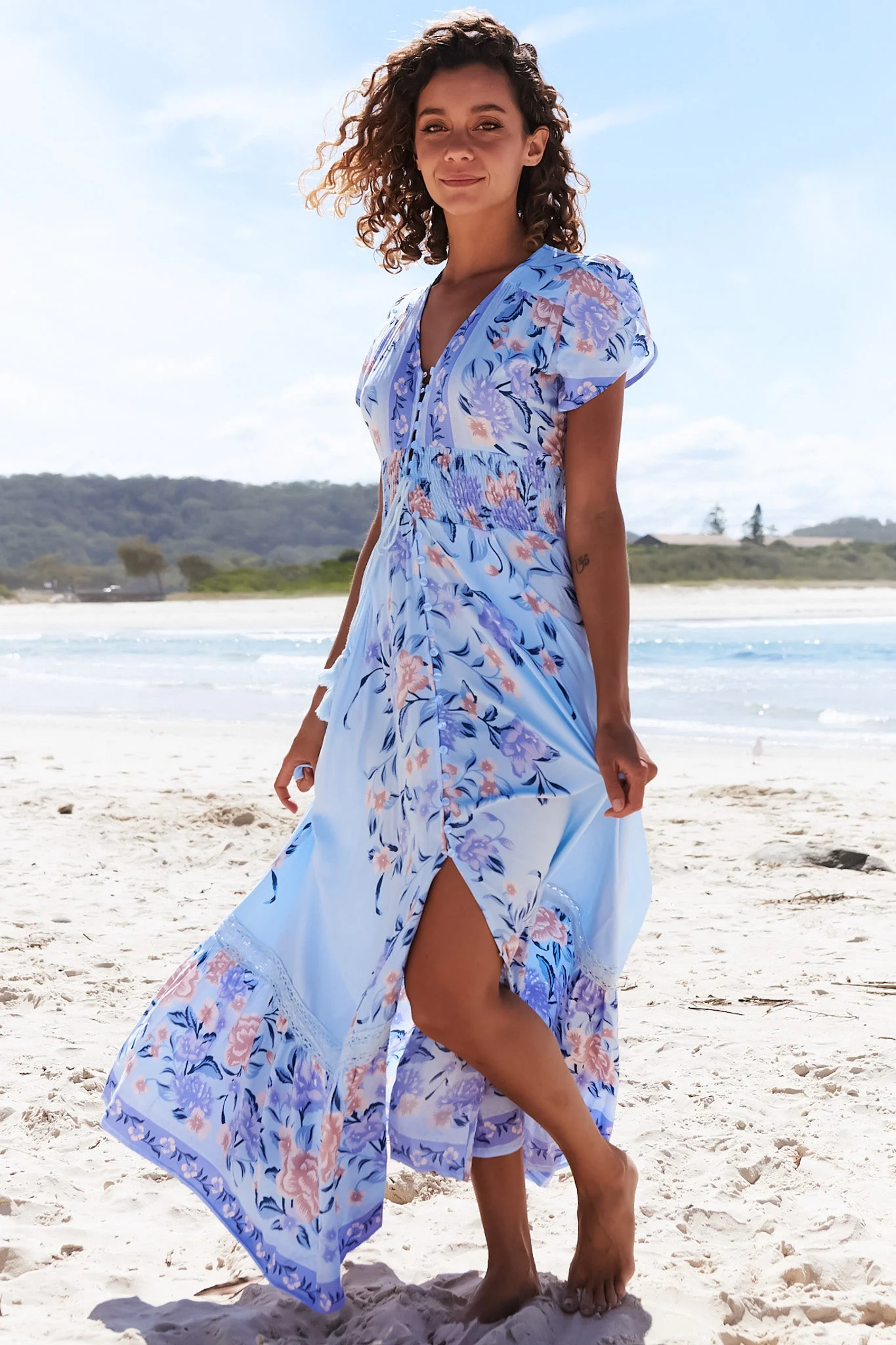 JAASE - Romi Maxi Dress: V Neck Cap Sleeve A-Line Button Through Dress in Heaven Print - Image 7