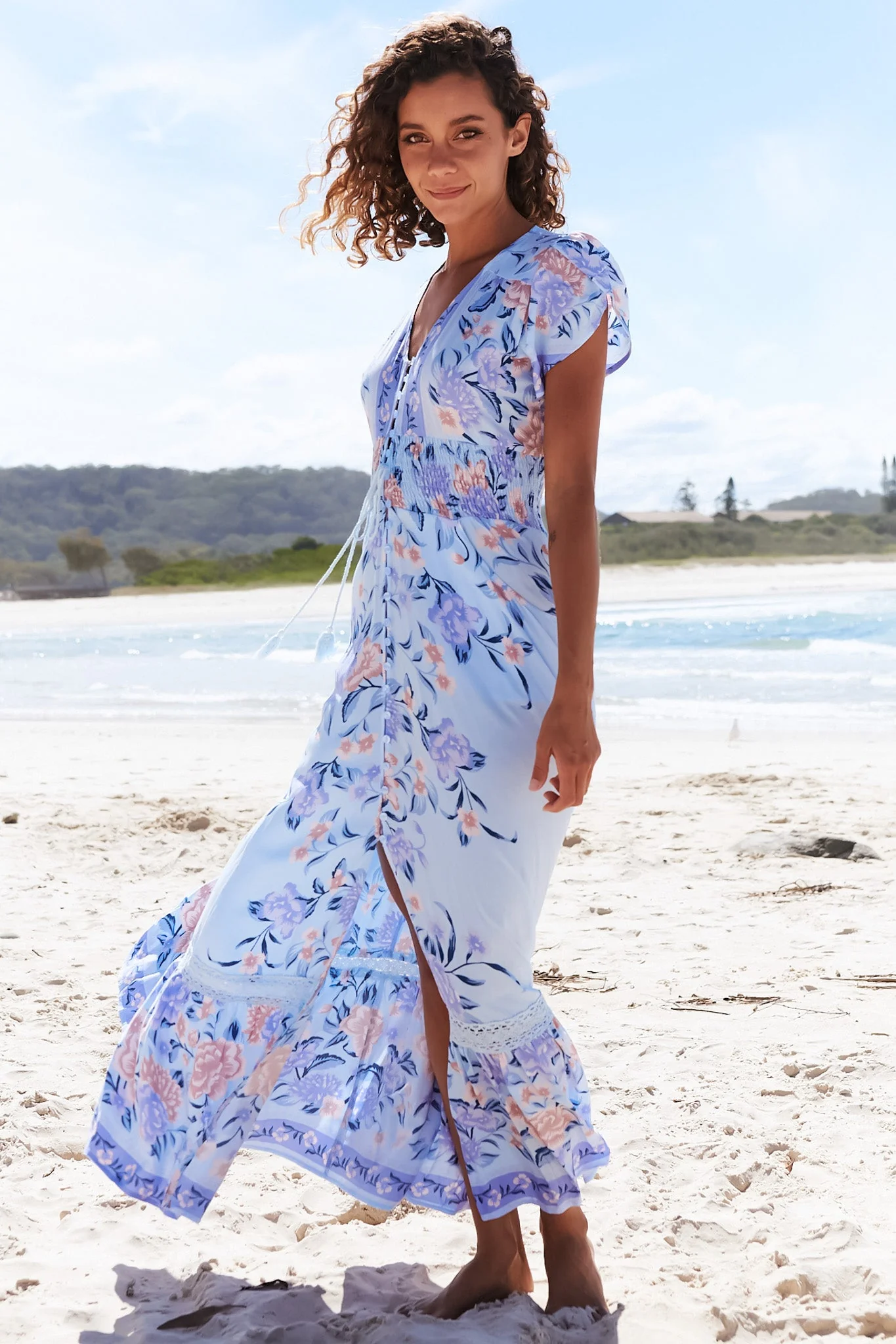 JAASE - Romi Maxi Dress: V Neck Cap Sleeve A-Line Button Through Dress in Heaven Print - Image 9