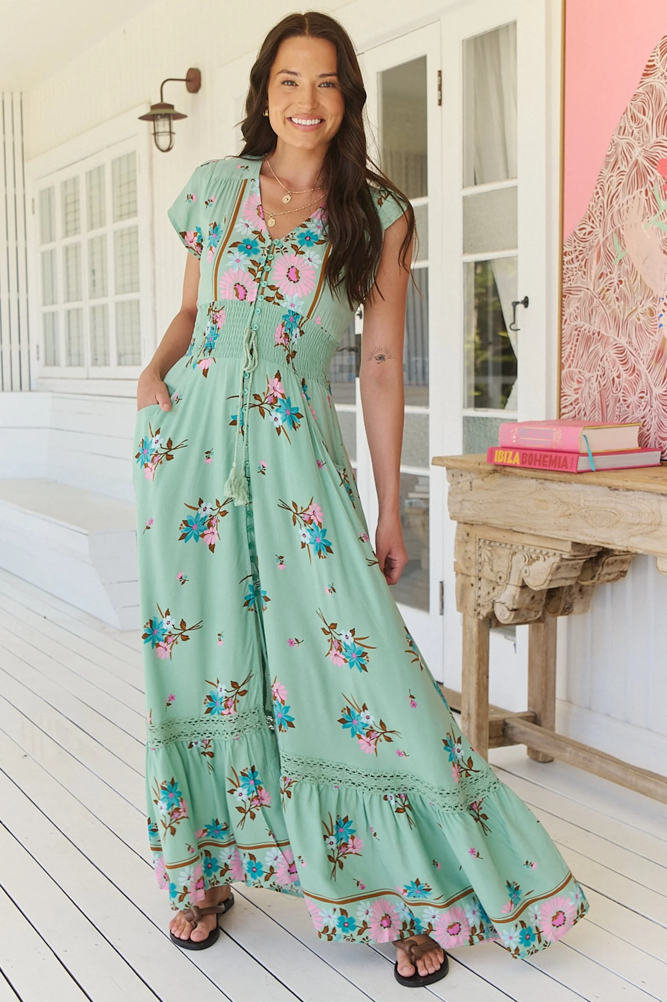 JAASE - Romi Maxi Dress: Button Down Cap Sleeve Dress with Waist Tie in Maribel Print - Image 2