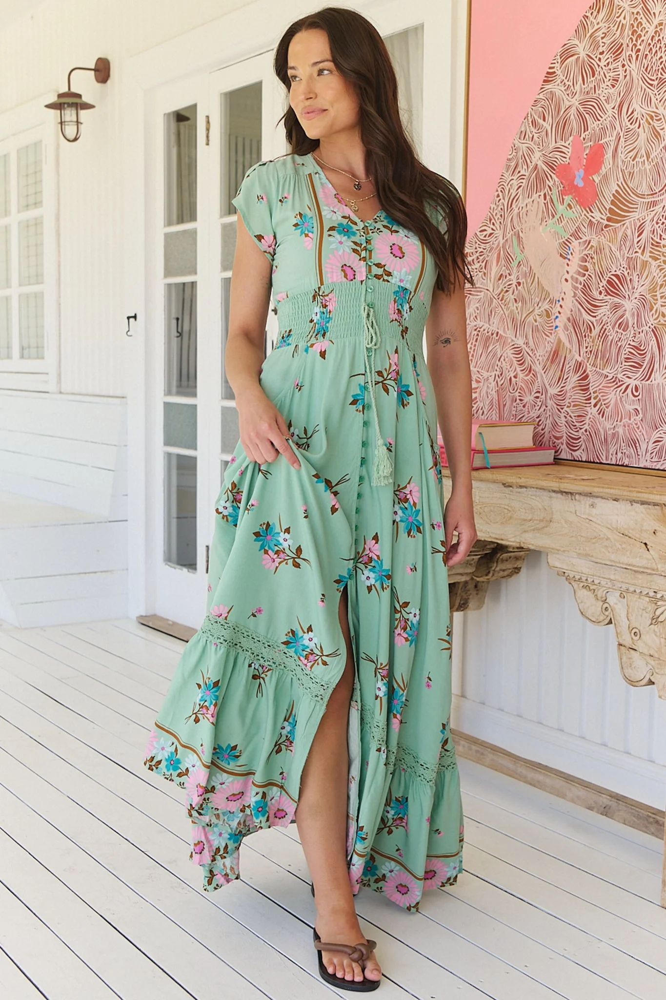 JAASE - Romi Maxi Dress: Button Down Cap Sleeve Dress with Waist Tie in Maribel Print - Image 4