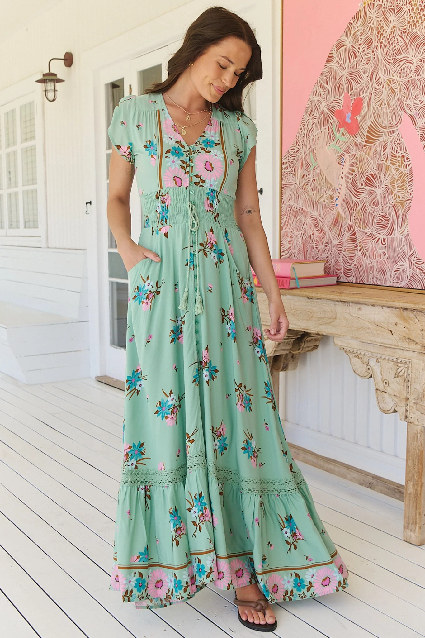 JAASE - Romi Maxi Dress: Button Down Cap Sleeve Dress with Waist Tie in Maribel Print - Image 5
