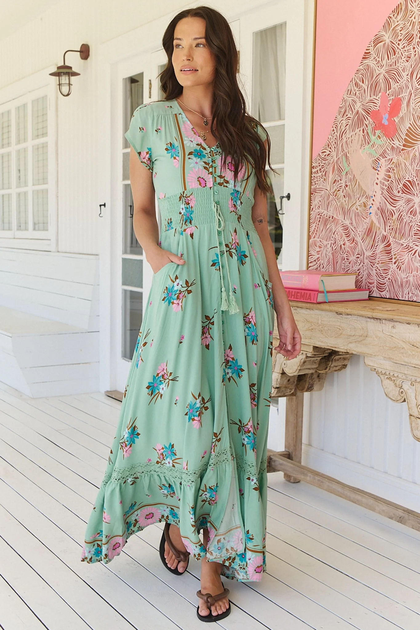 JAASE - Romi Maxi Dress: Button Down Cap Sleeve Dress with Waist Tie in Maribel Print - Image 6