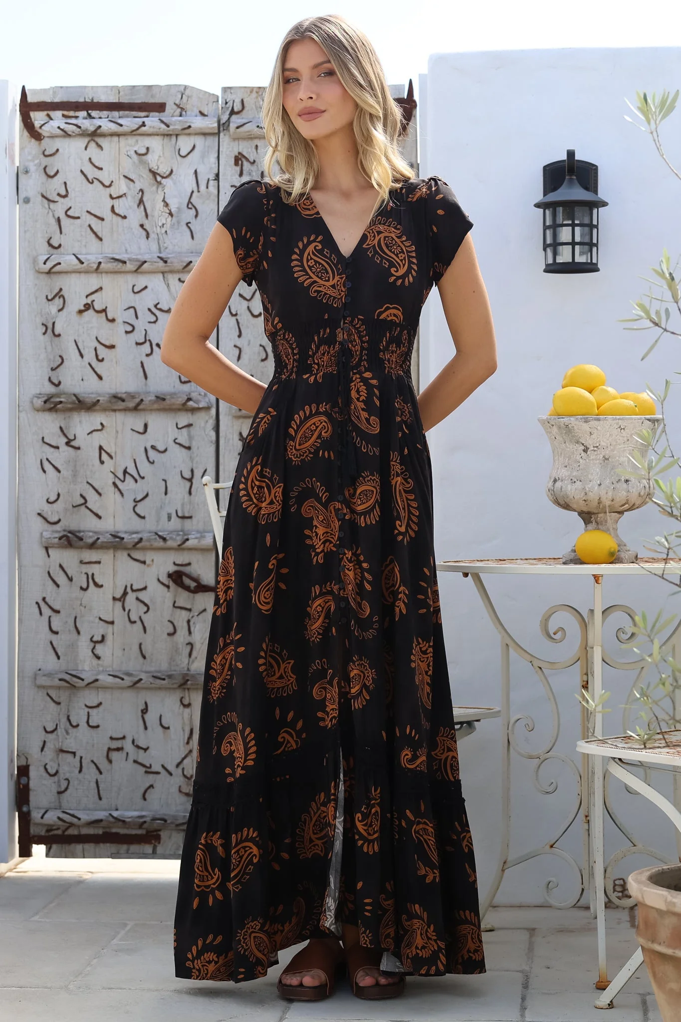 JAASE - Romi Maxi Dress: Button Down Cap Sleeve Dress with Waist Tie in Milan Print - Image 2