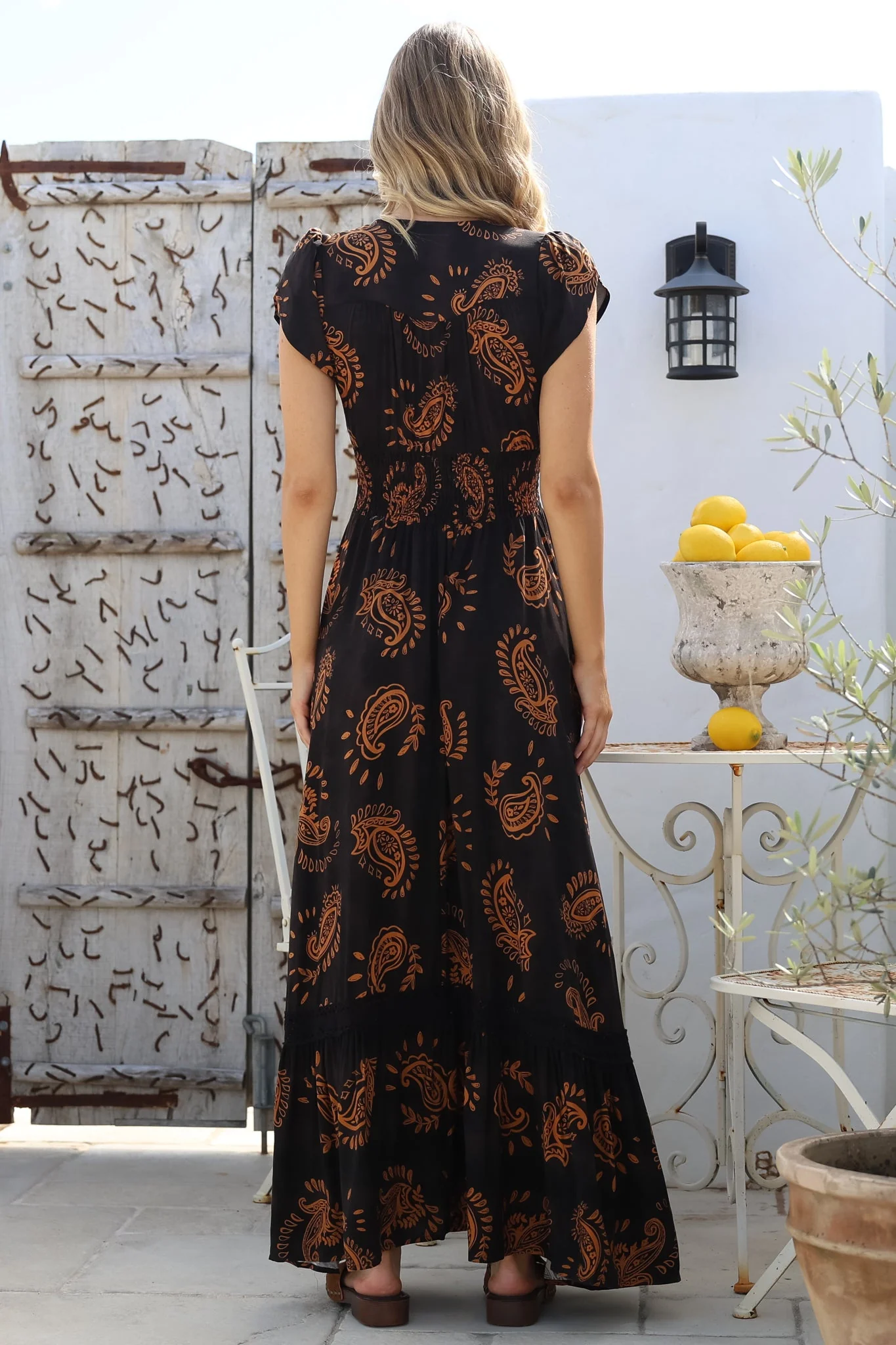 JAASE - Romi Maxi Dress: Button Down Cap Sleeve Dress with Waist Tie in Milan Print - Image 7