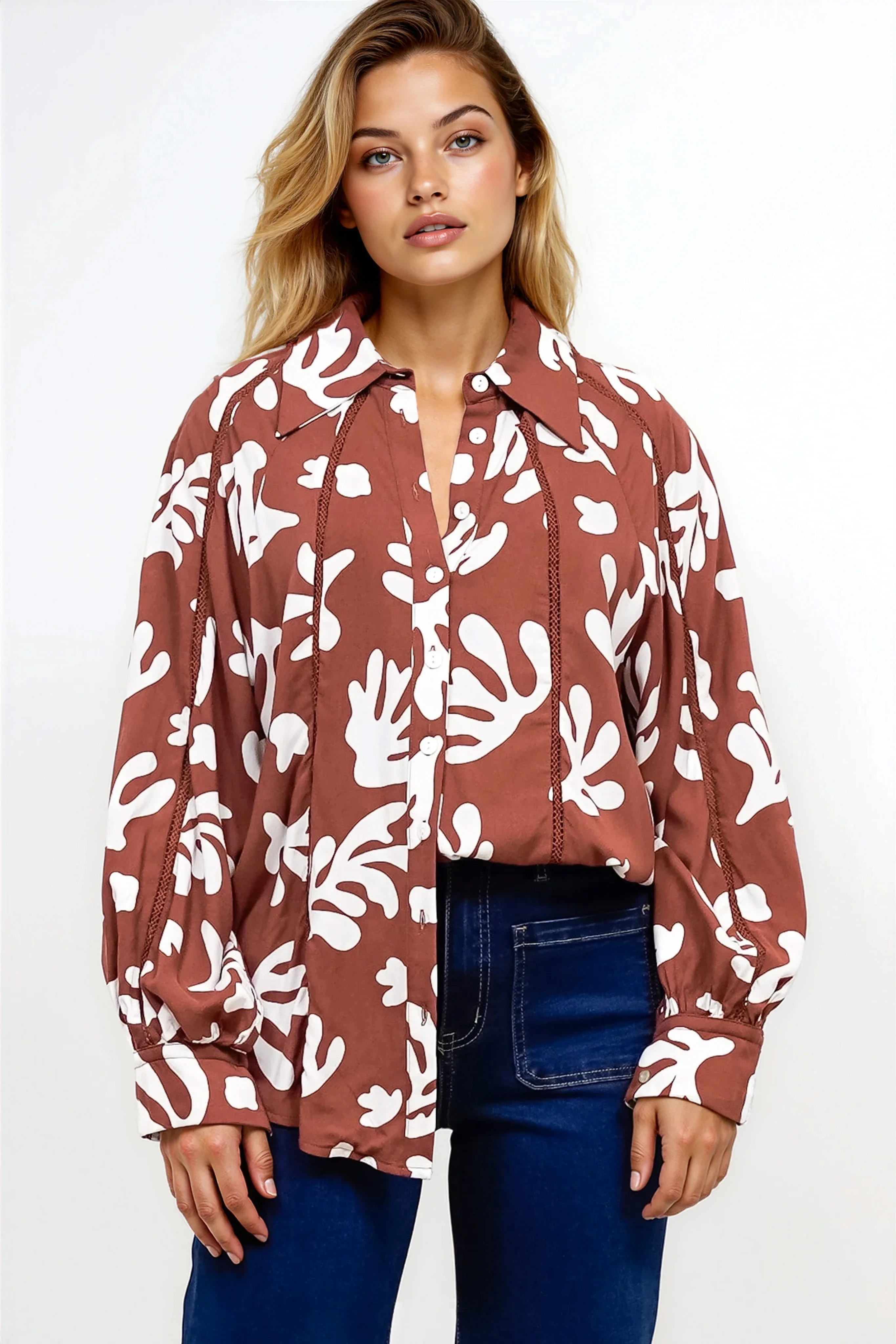 Romy Shirt - Collared Button Down with Long Sleeves in Stassie Print Brown - Image 2