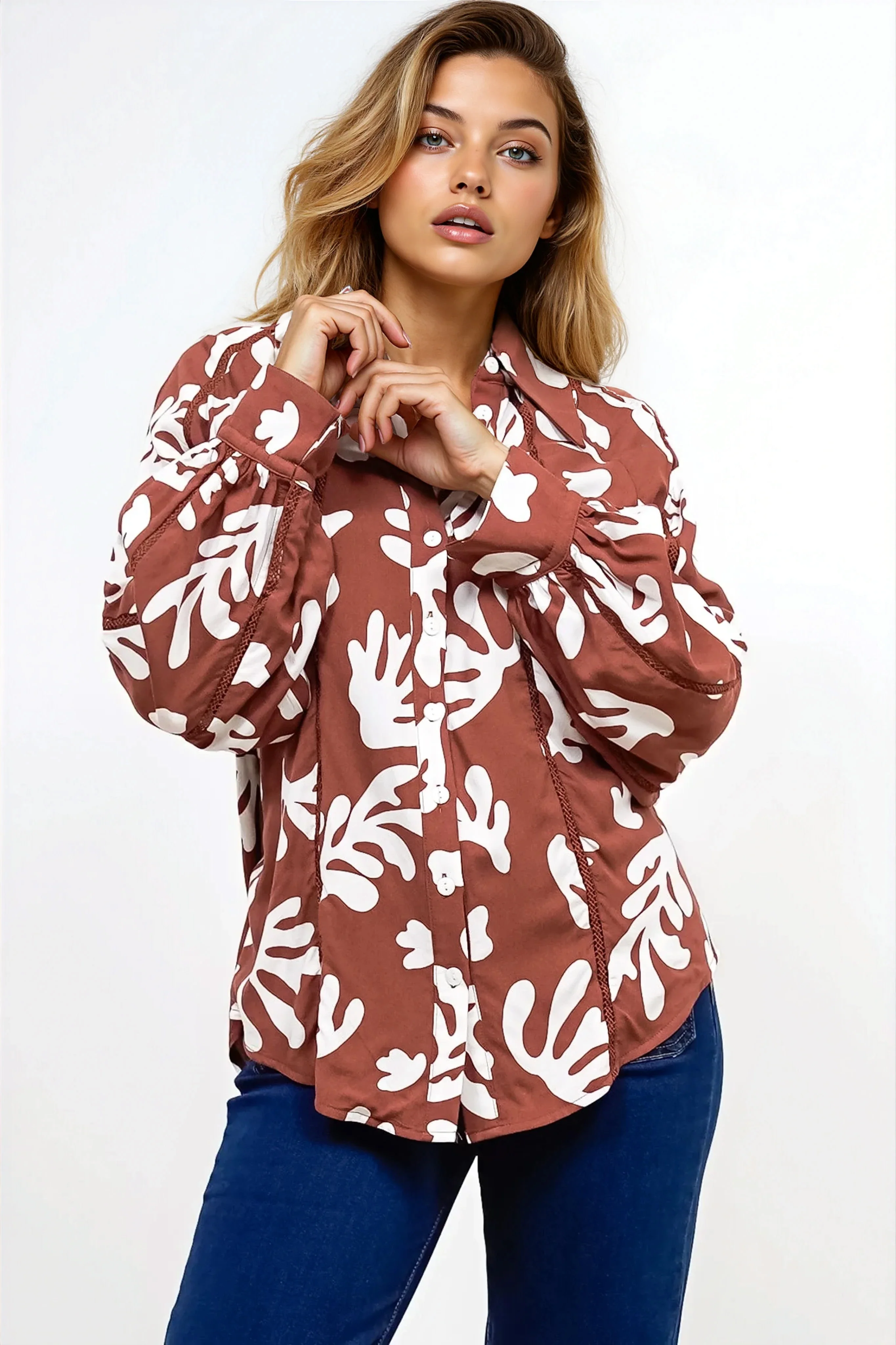 Romy Shirt - Collared Button Down with Long Sleeves in Stassie Print Brown - Image 3
