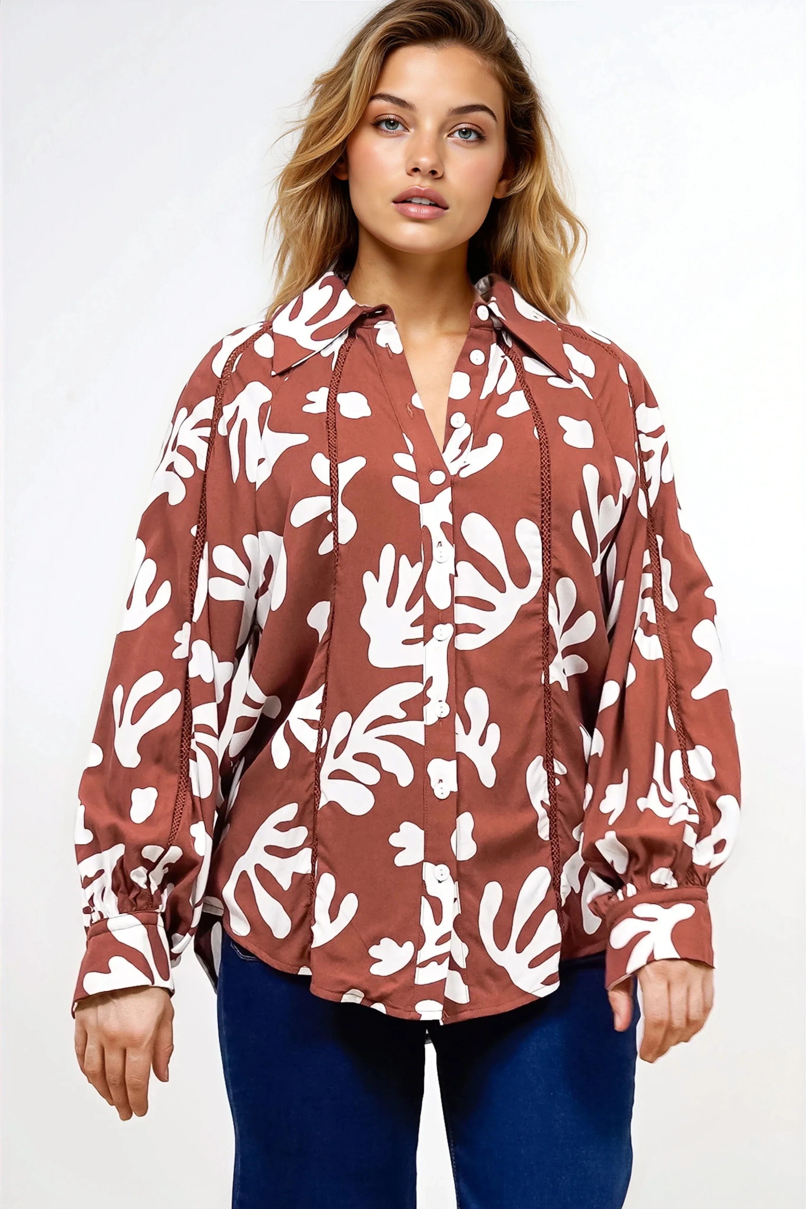 Romy Shirt - Collared Button Down with Long Sleeves in Stassie Print Brown - Image 4