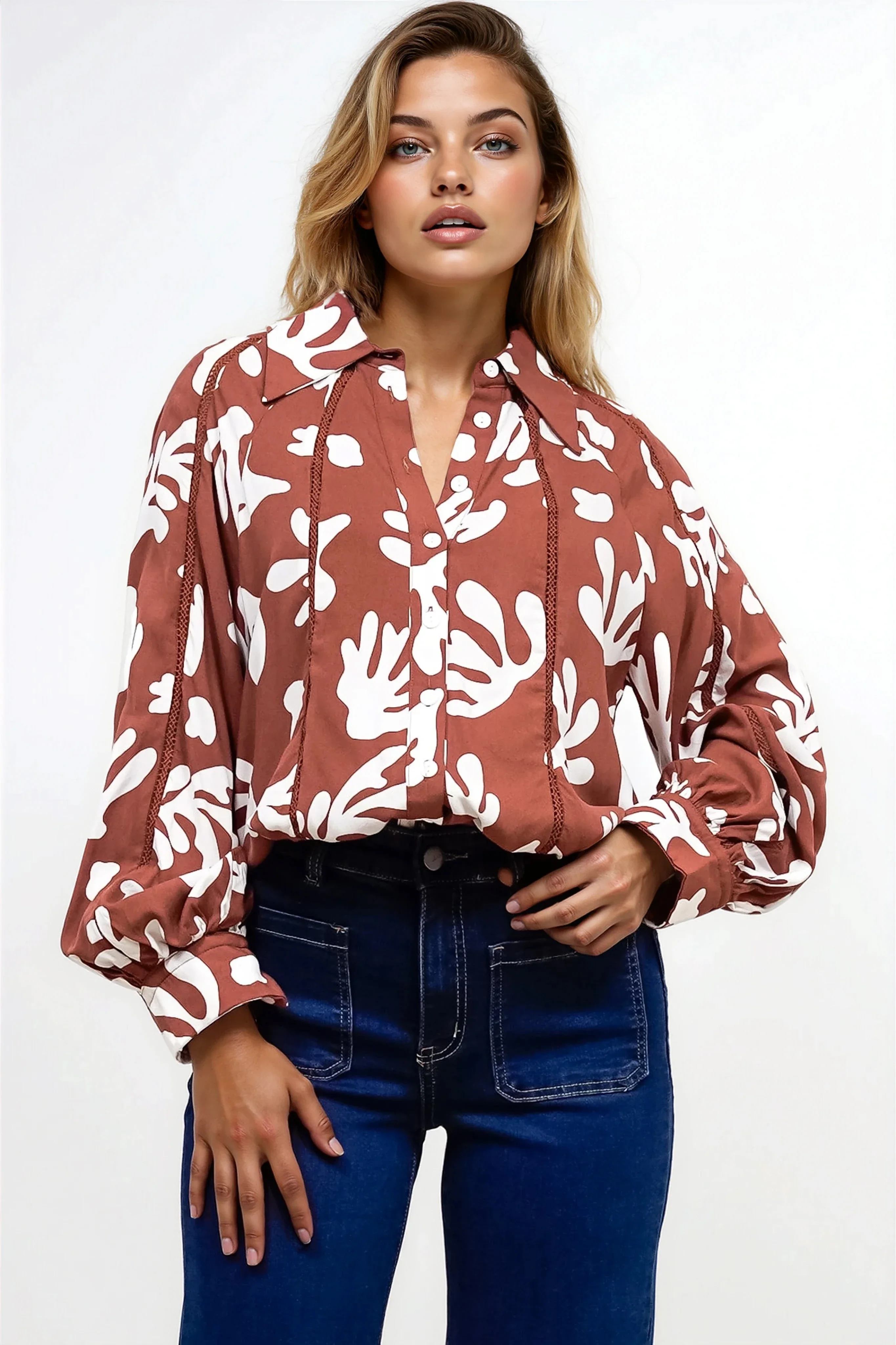 Romy Shirt - Collared Button Down with Long Sleeves in Stassie Print Brown - Image 5