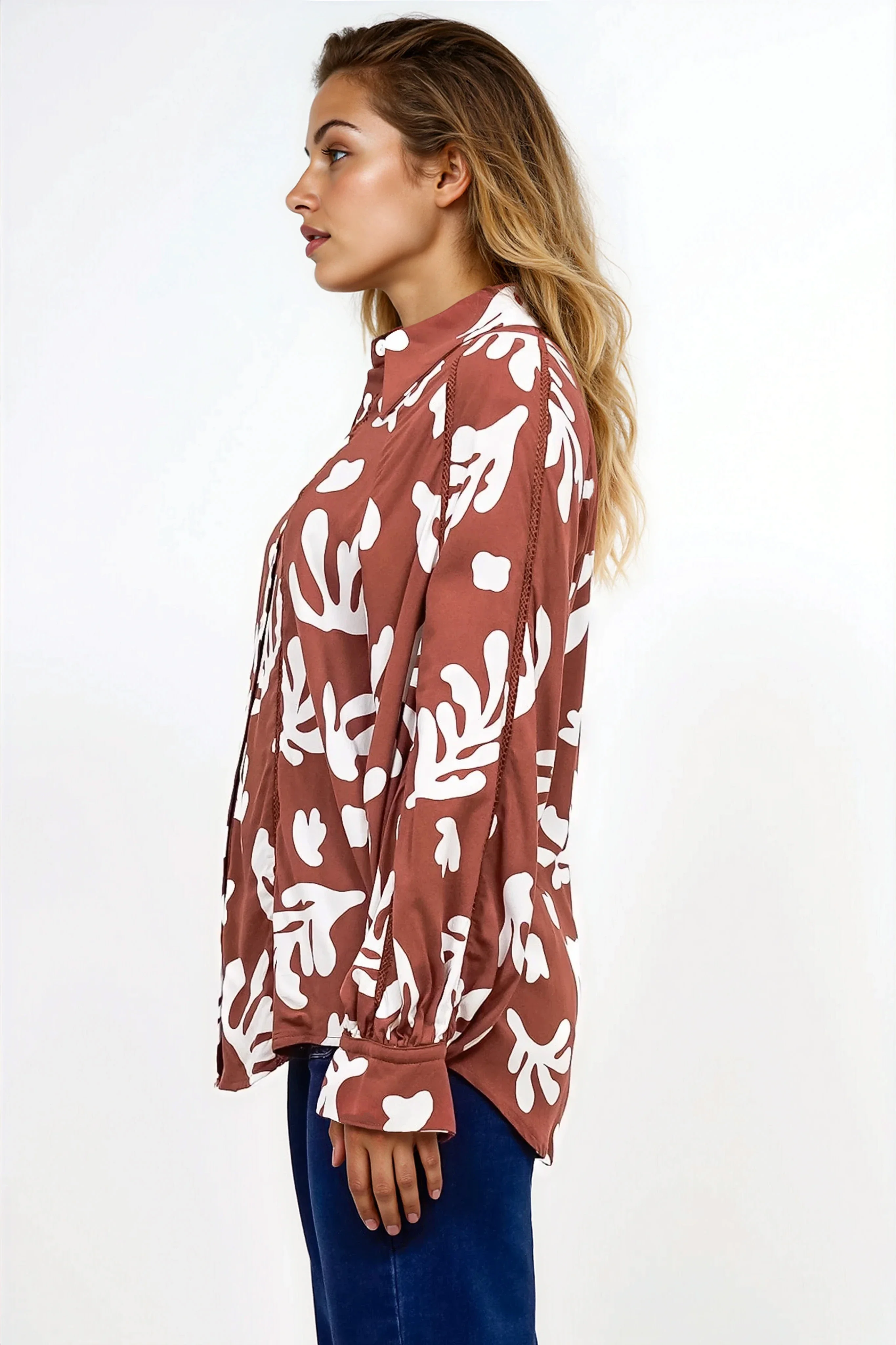 Romy Shirt - Collared Button Down with Long Sleeves in Stassie Print Brown - Image 6