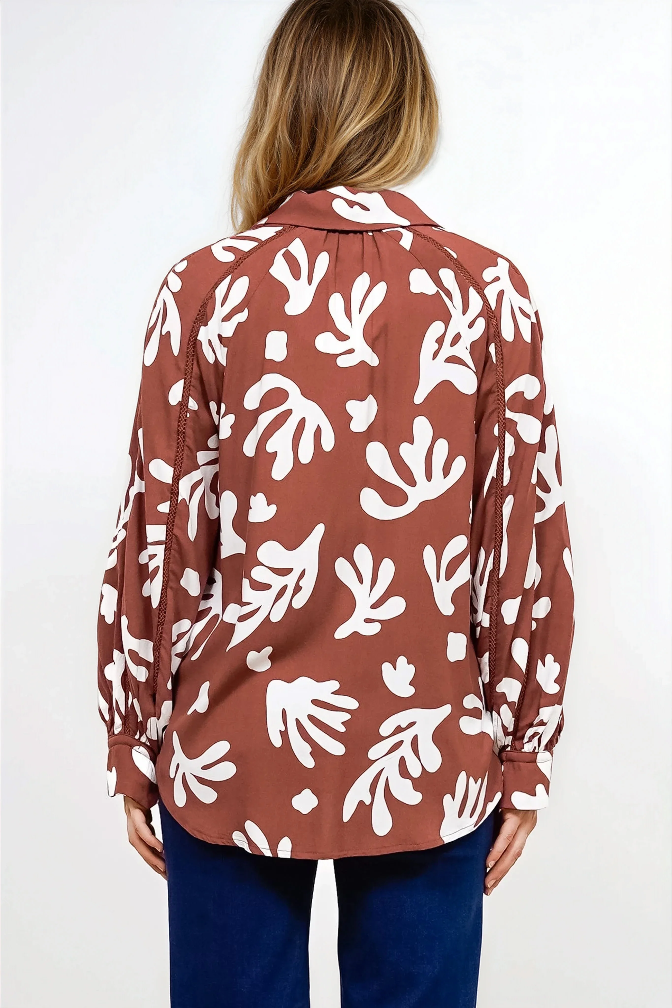 Romy Shirt - Collared Button Down with Long Sleeves in Stassie Print Brown - Image 7