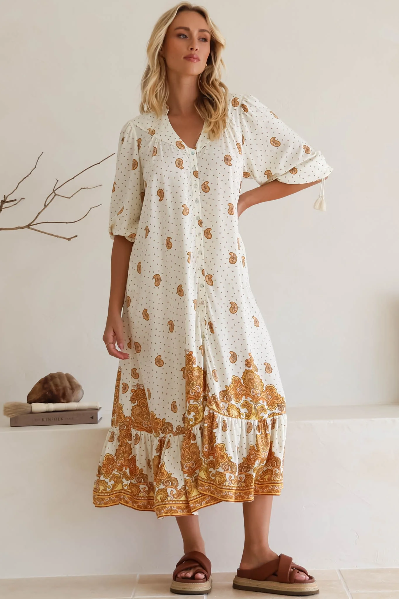 JAASE - Rosalie Maxi Dress: Mandarin Collar Button Down Dress in Sundown Print - Image 3