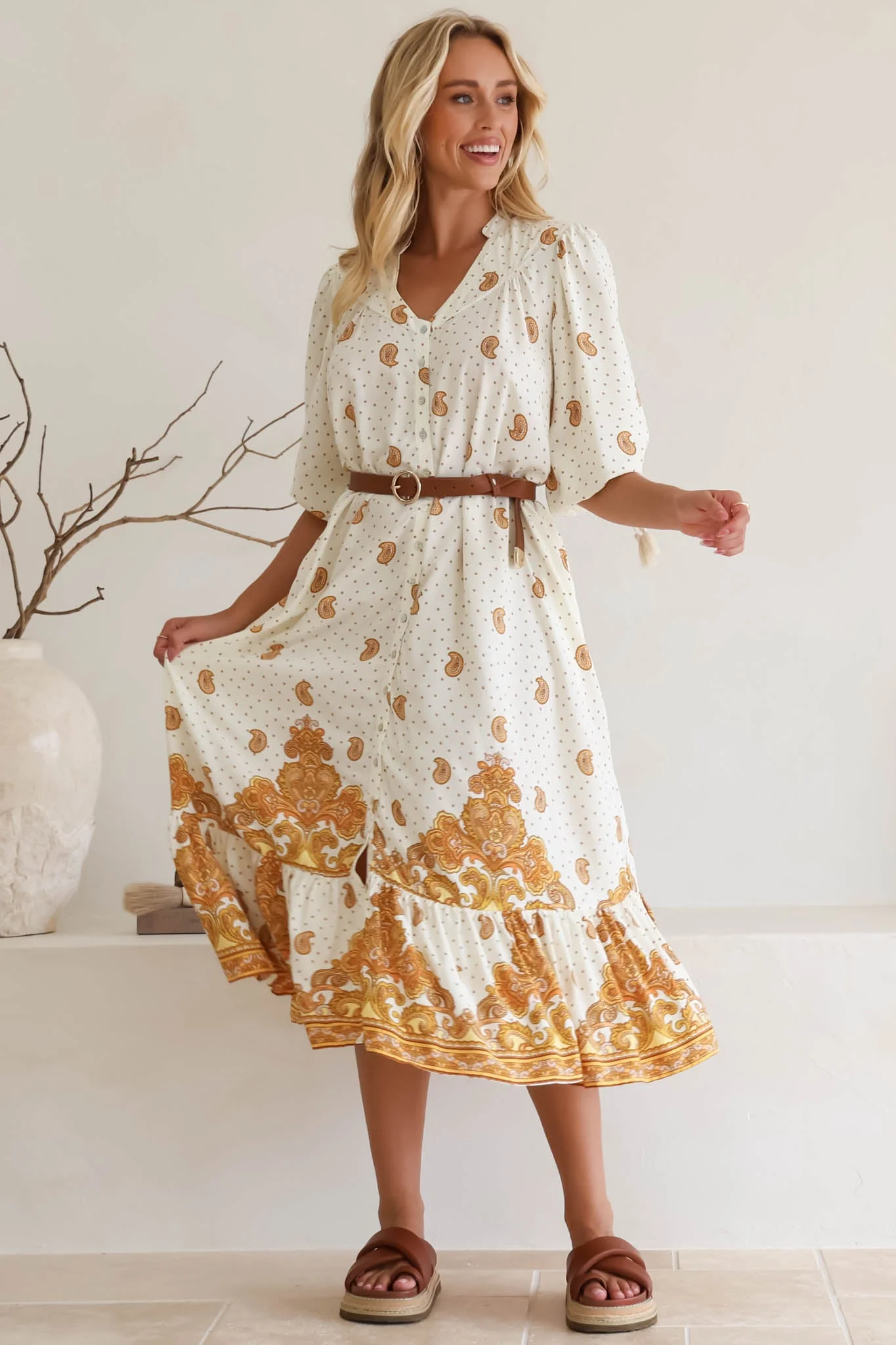JAASE - Rosalie Maxi Dress: Mandarin Collar Button Down Dress in Sundown Print - Image 4