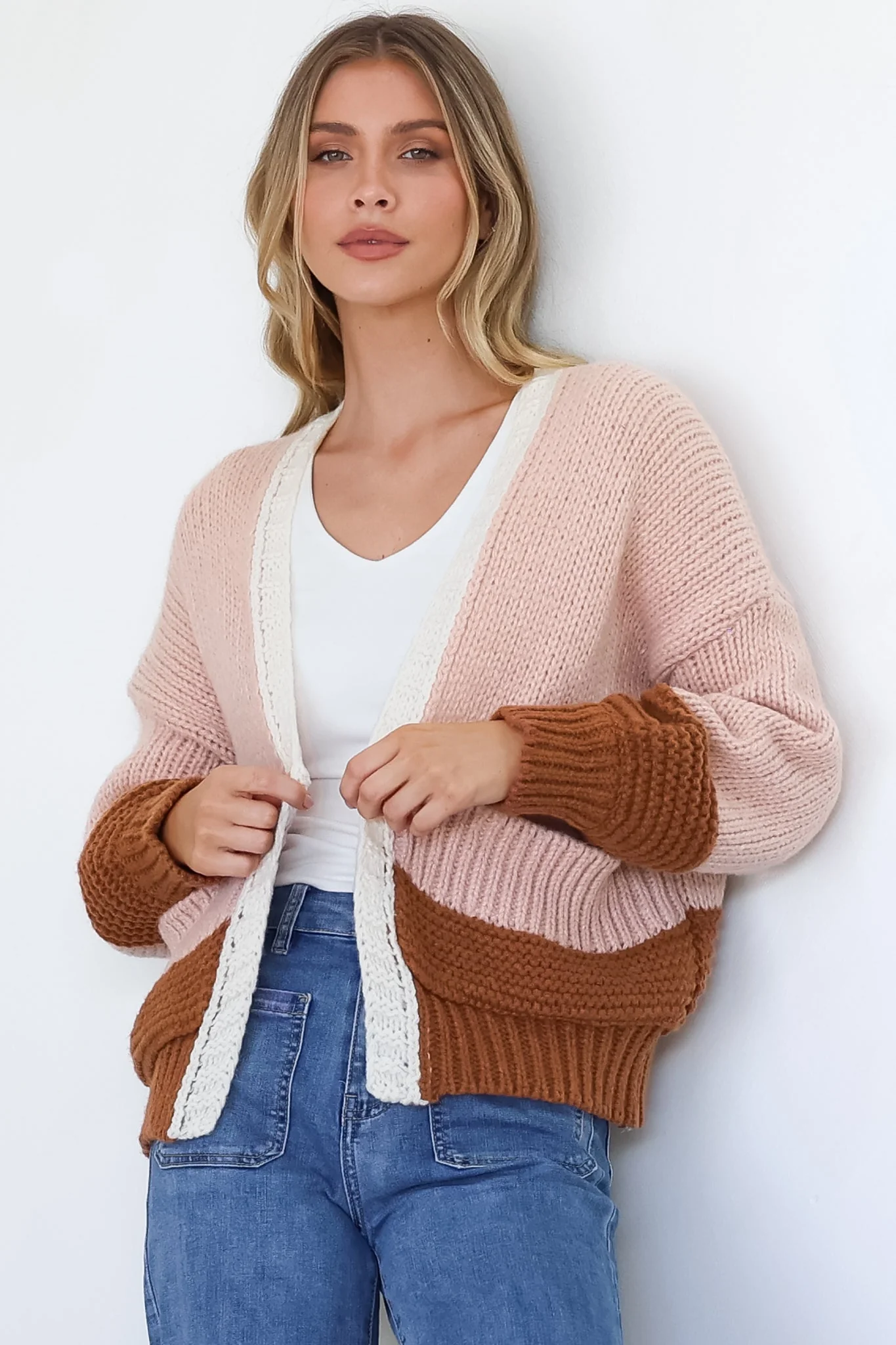 Rosie Cardigan - Cropped Colour Block Cardigan in Coco Blush