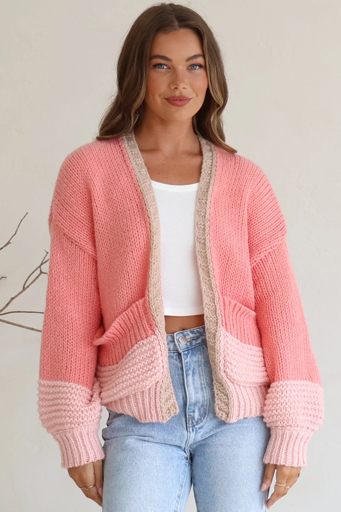 Rosie Cardigan - Cropped Colour Block Cardigan in Pink - Image 2