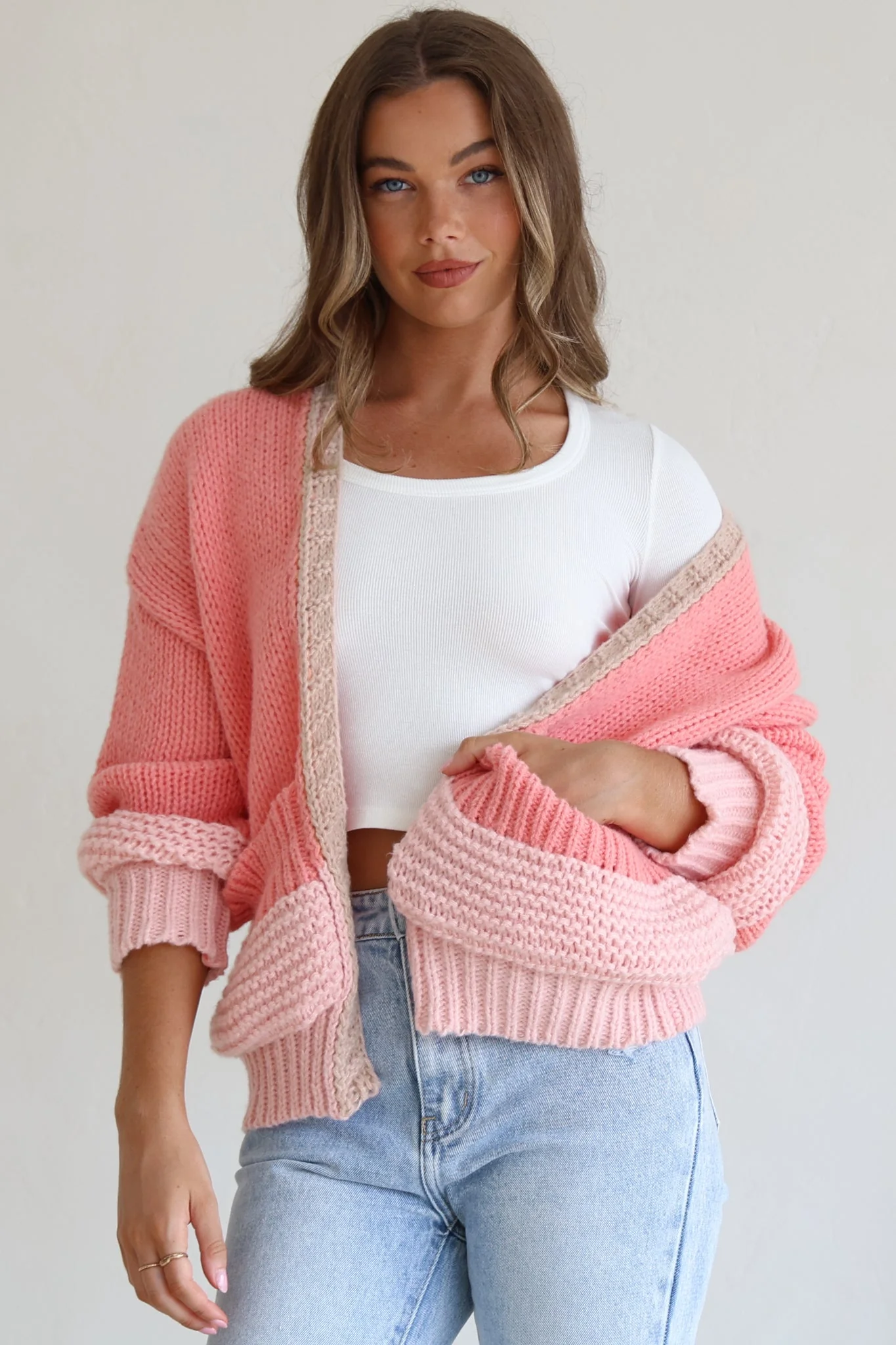 Rosie Cardigan - Cropped Colour Block Cardigan in Pink - Image 4