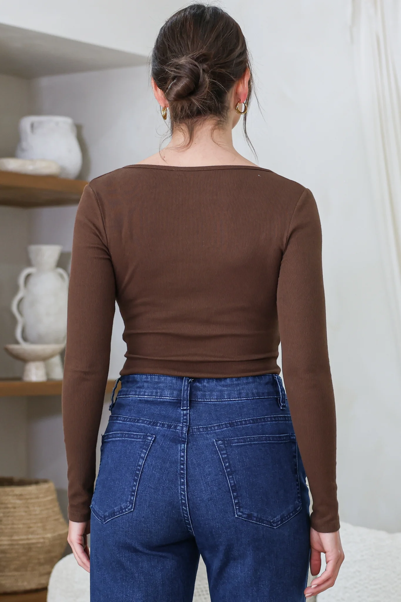 Roxana Top - Ribbed V Neck Long Sleeve Top with Gold Metal Accent in Chocolate - Image 8