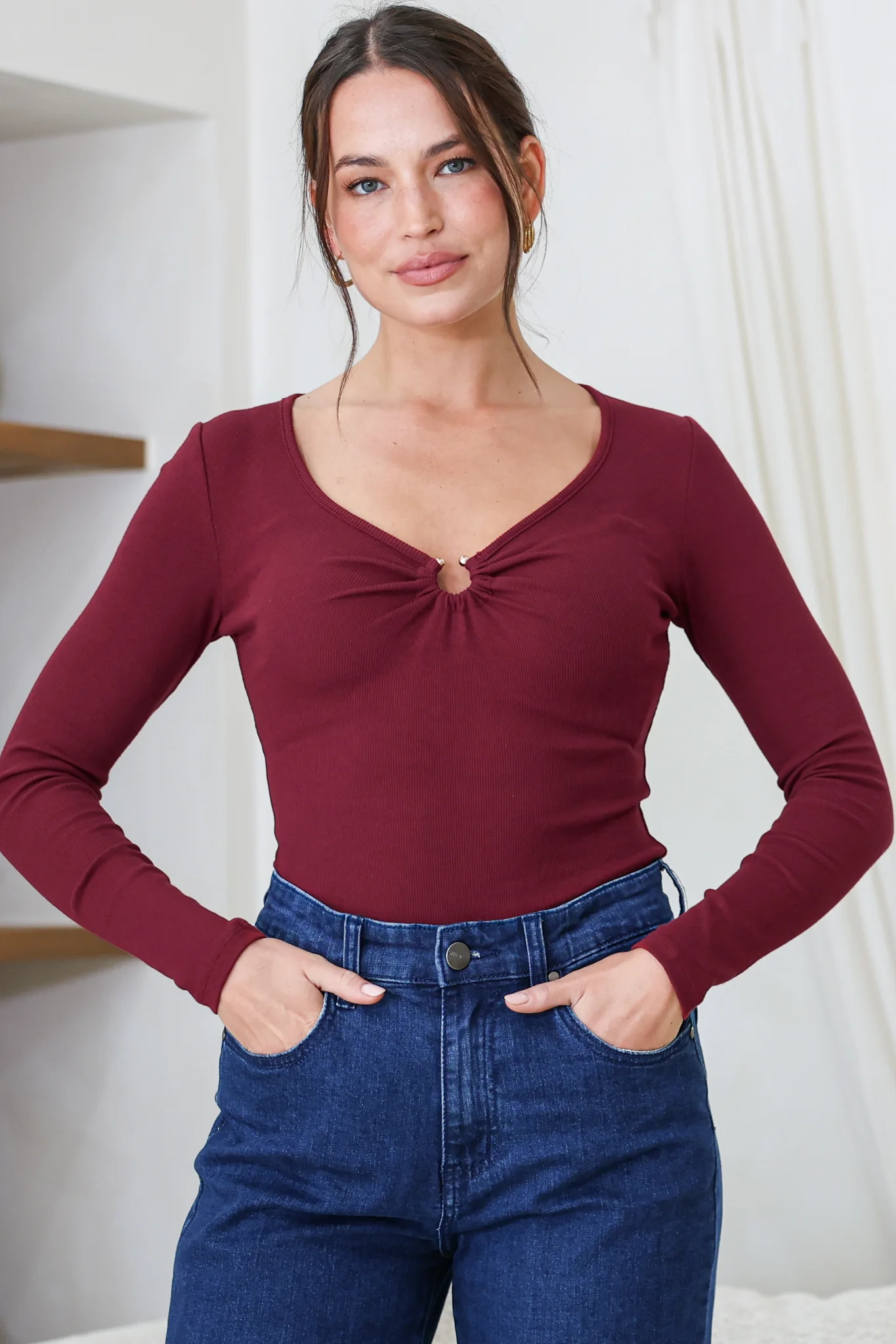 Roxana Top - Ribbed V Neck Long Sleeve Top with Gold Metal Accent in Wine - Image 3
