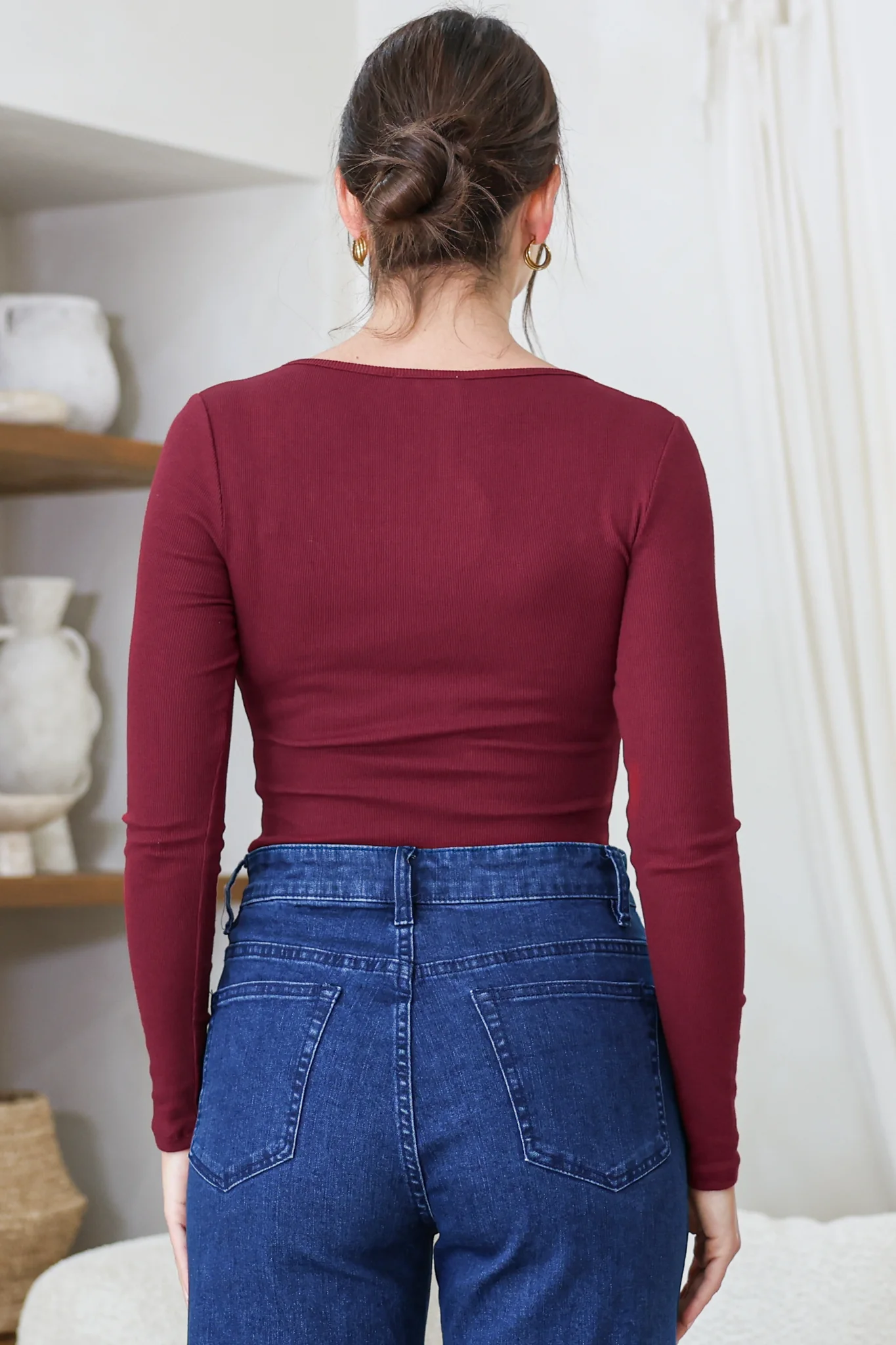 Roxana Top - Ribbed V Neck Long Sleeve Top with Gold Metal Accent in Wine - Image 7