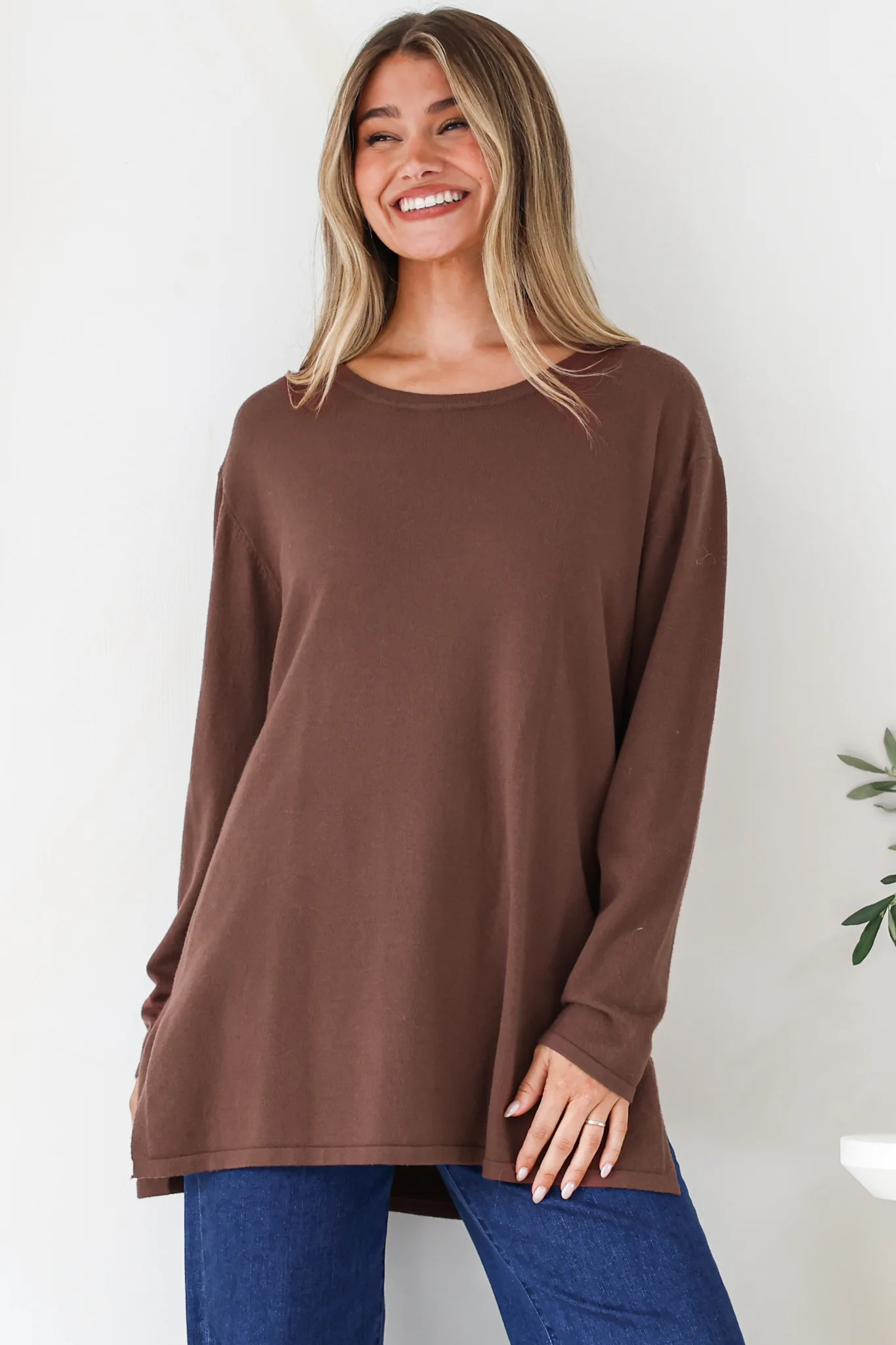Rylee Jumper - Crew Neck Long Sleeve Pullover with Side Splits in Chocolate - Image 3
