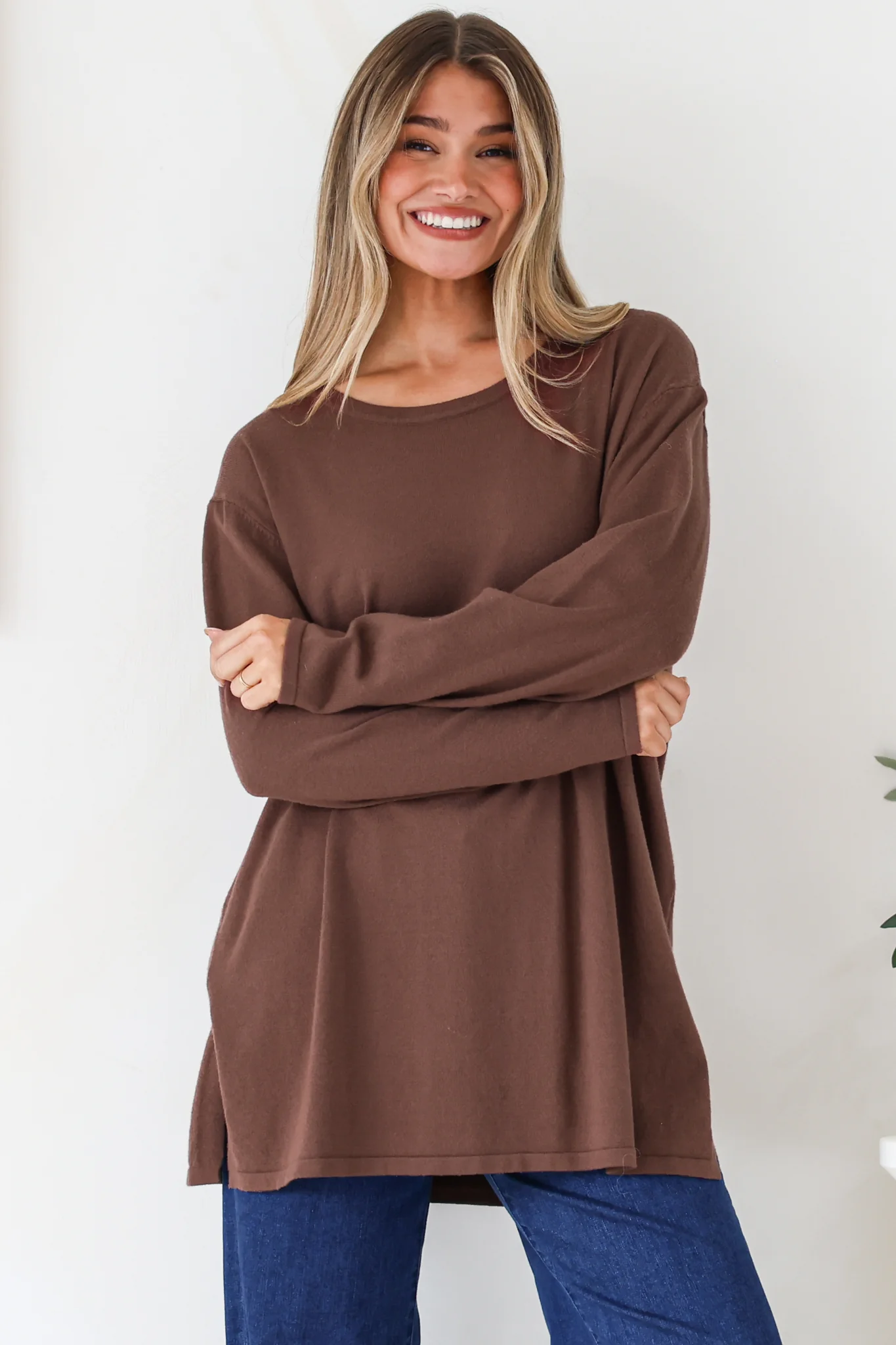 Rylee Jumper - Crew Neck Long Sleeve Pullover with Side Splits in Chocolate - Image 4
