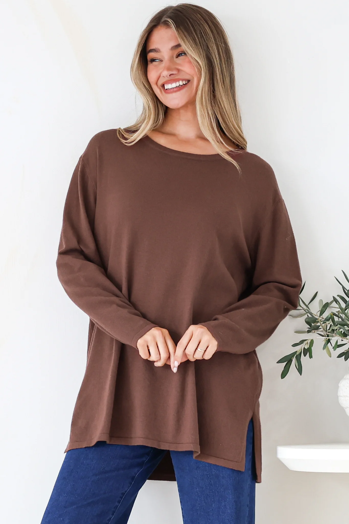 Rylee Jumper - Crew Neck Long Sleeve Pullover with Side Splits in Chocolate - Image 5