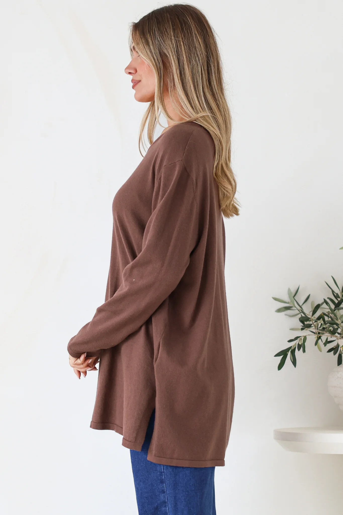 Rylee Jumper - Crew Neck Long Sleeve Pullover with Side Splits in Chocolate - Image 6