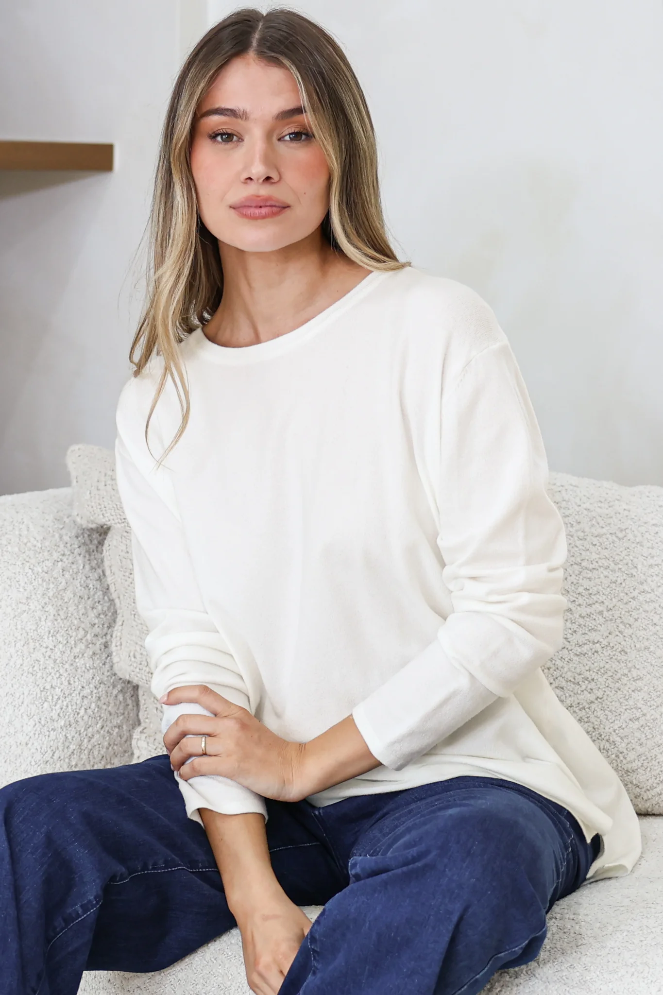 Rylee Jumper - Crew Neck Long Sleeve Pullover with Side Splits in Cream - Image 3