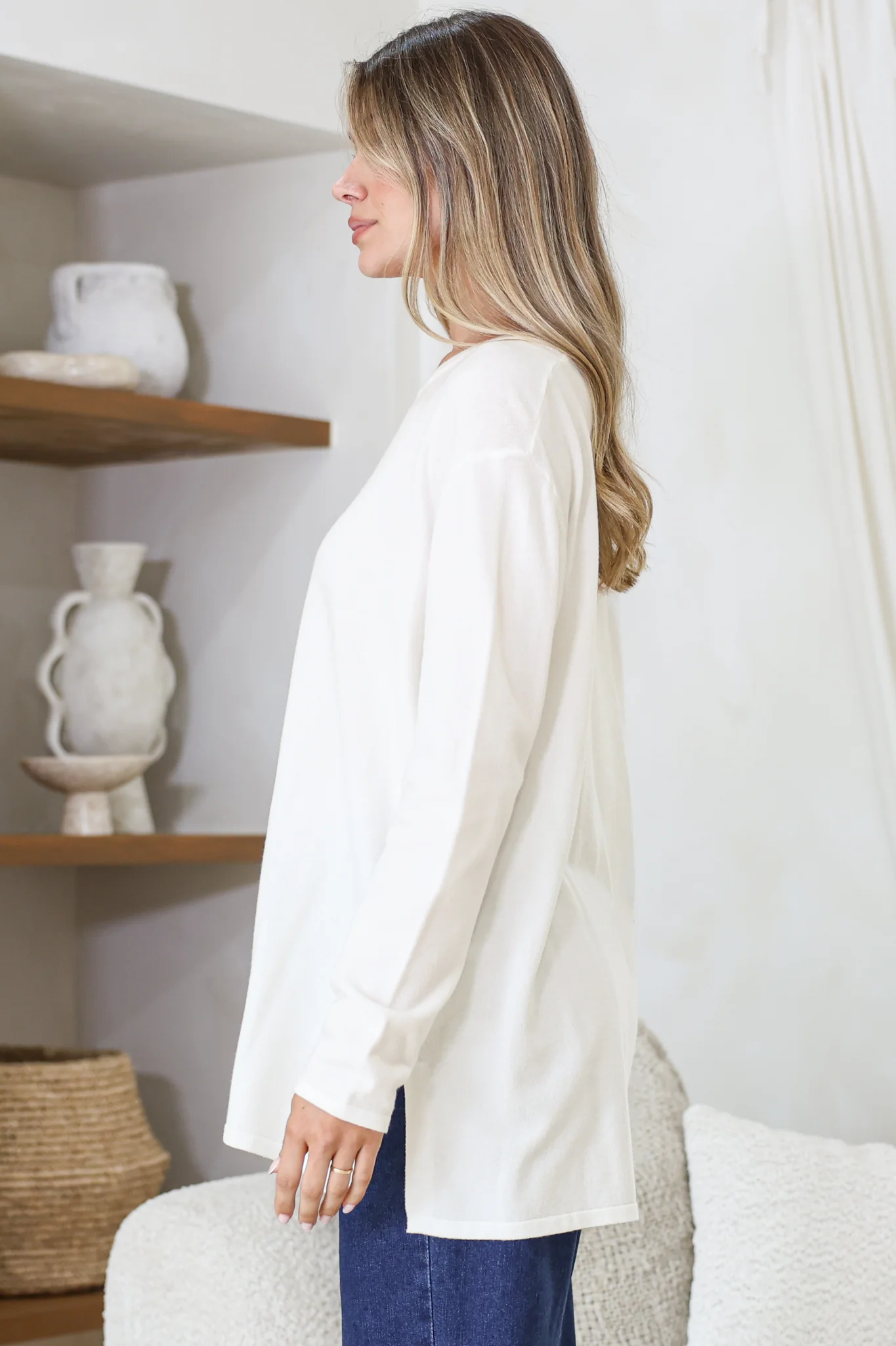 Rylee Jumper - Crew Neck Long Sleeve Pullover with Side Splits in Cream - Image 6