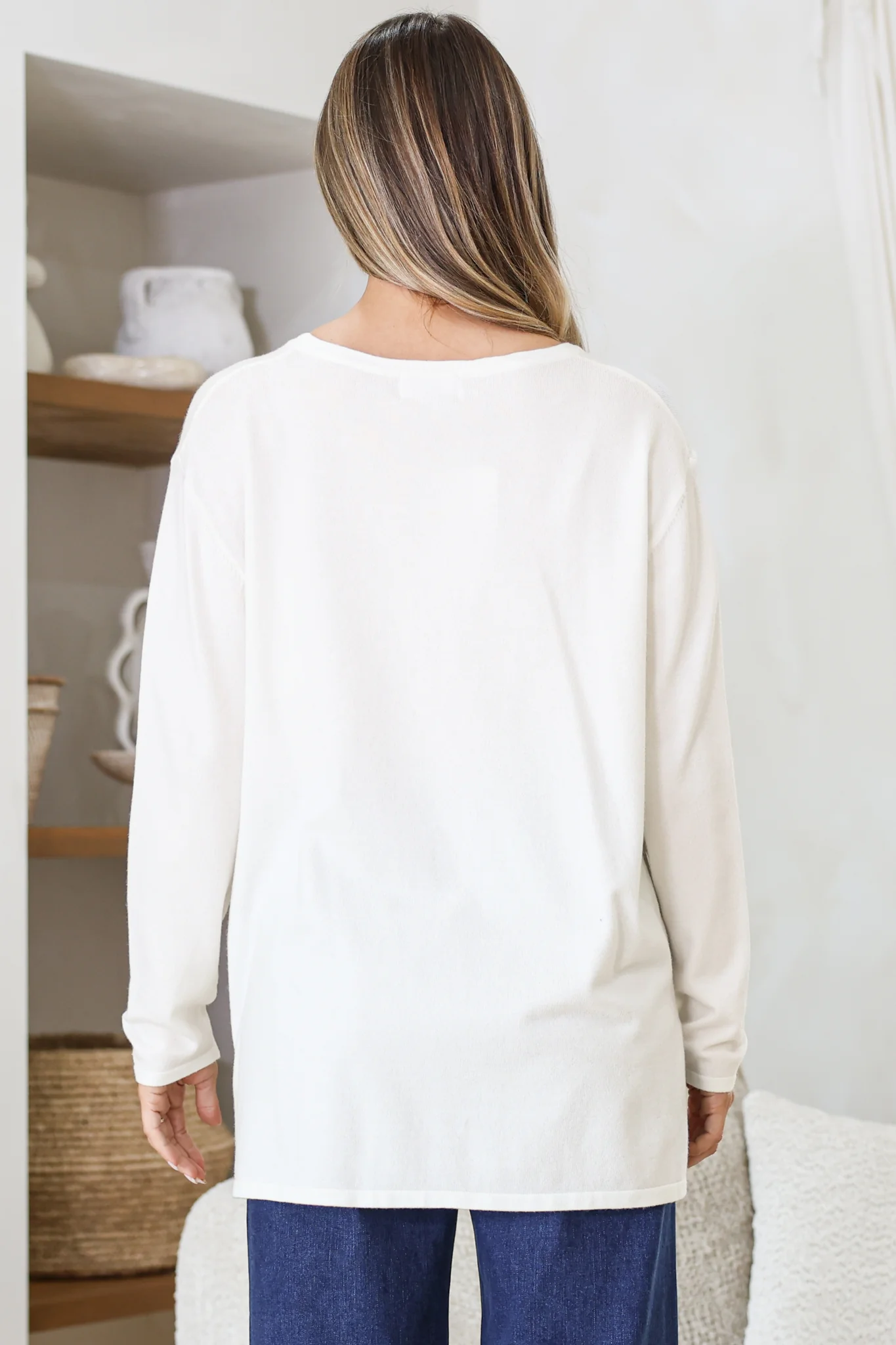 Rylee Jumper - Crew Neck Long Sleeve Pullover with Side Splits in Cream - Image 7