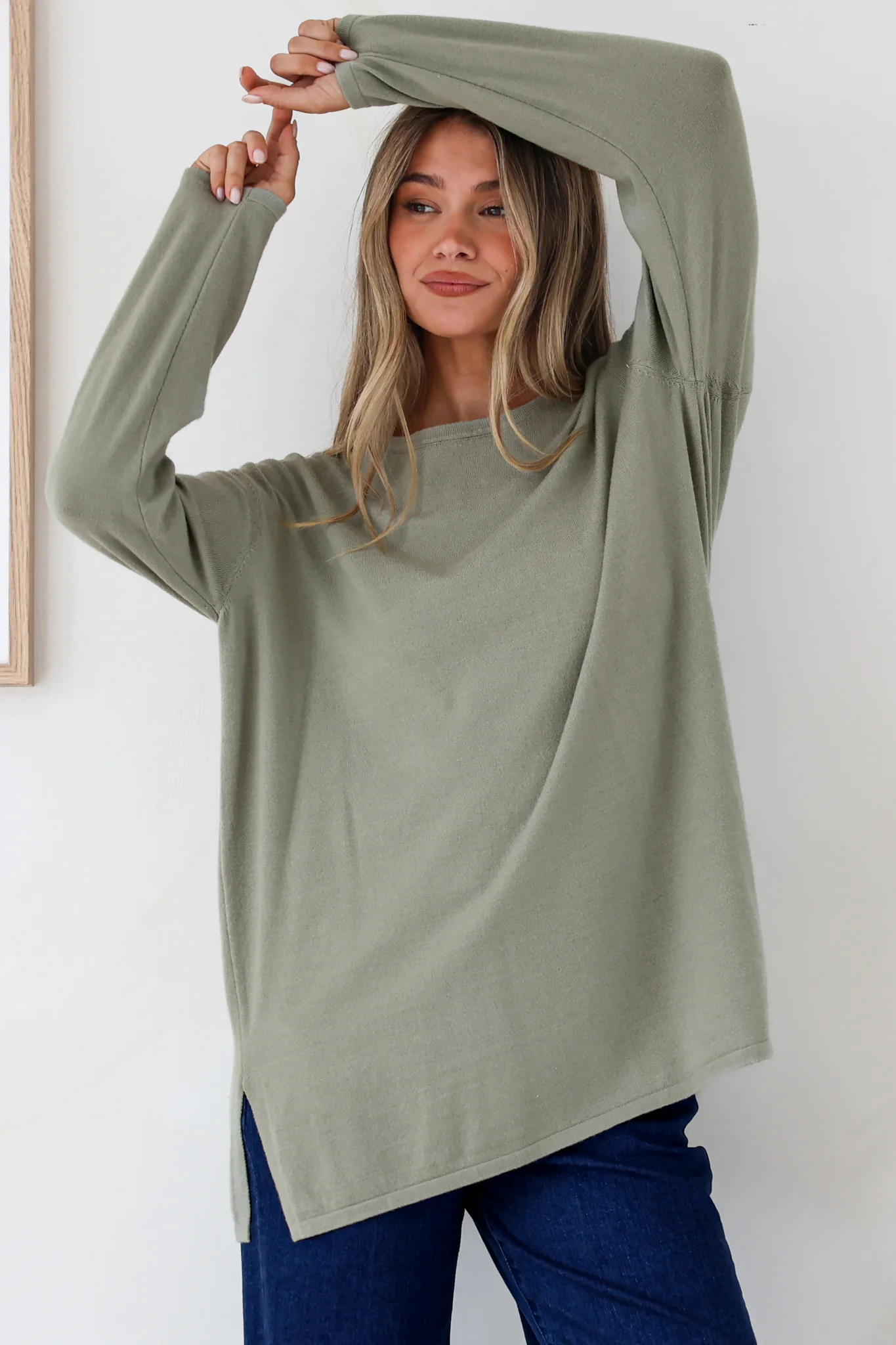 Rylee Jumper - Crew Neck Long Sleeve Pullover with Side Splits in Olive - Image 2