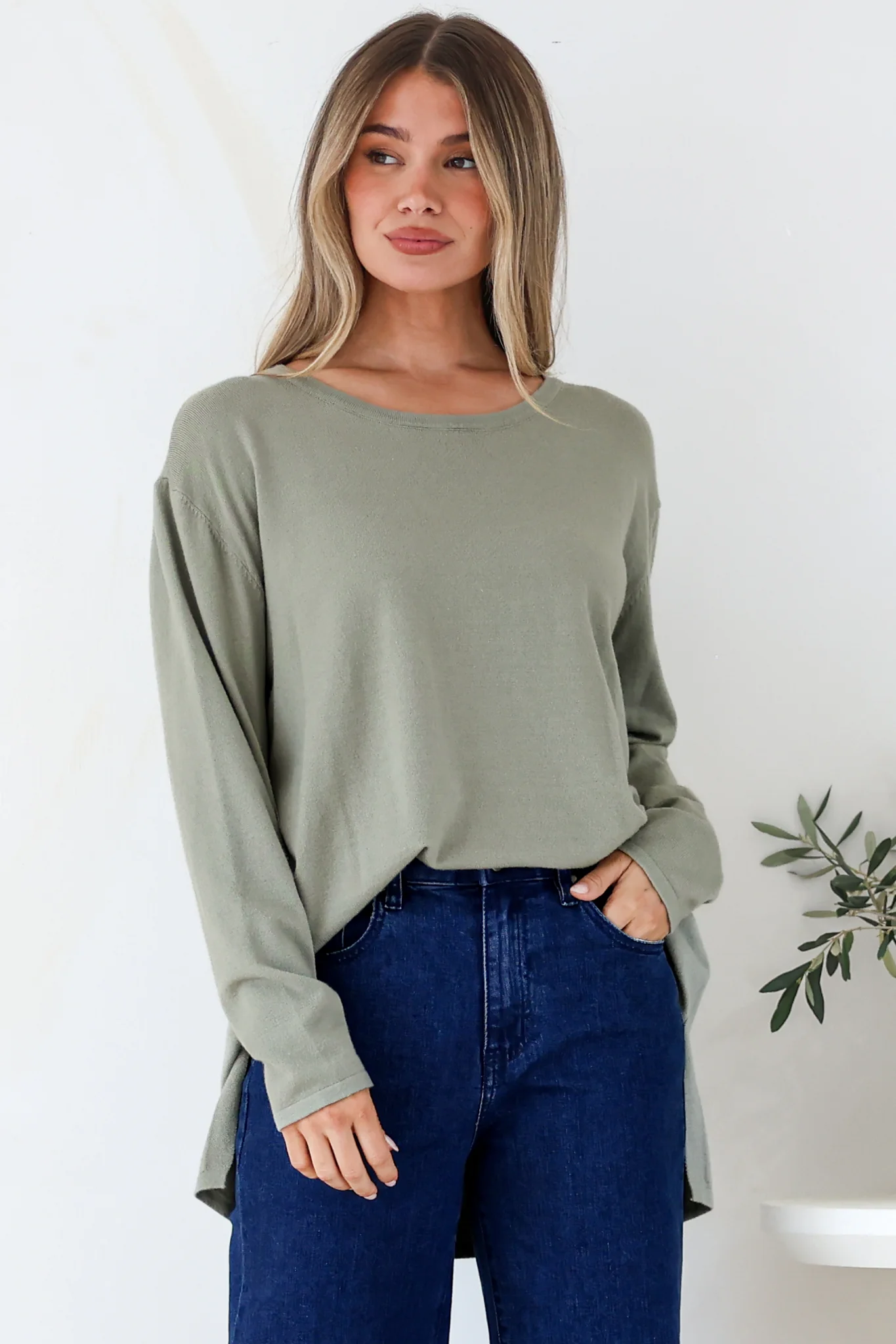Rylee Jumper - Crew Neck Long Sleeve Pullover with Side Splits in Olive - Image 3