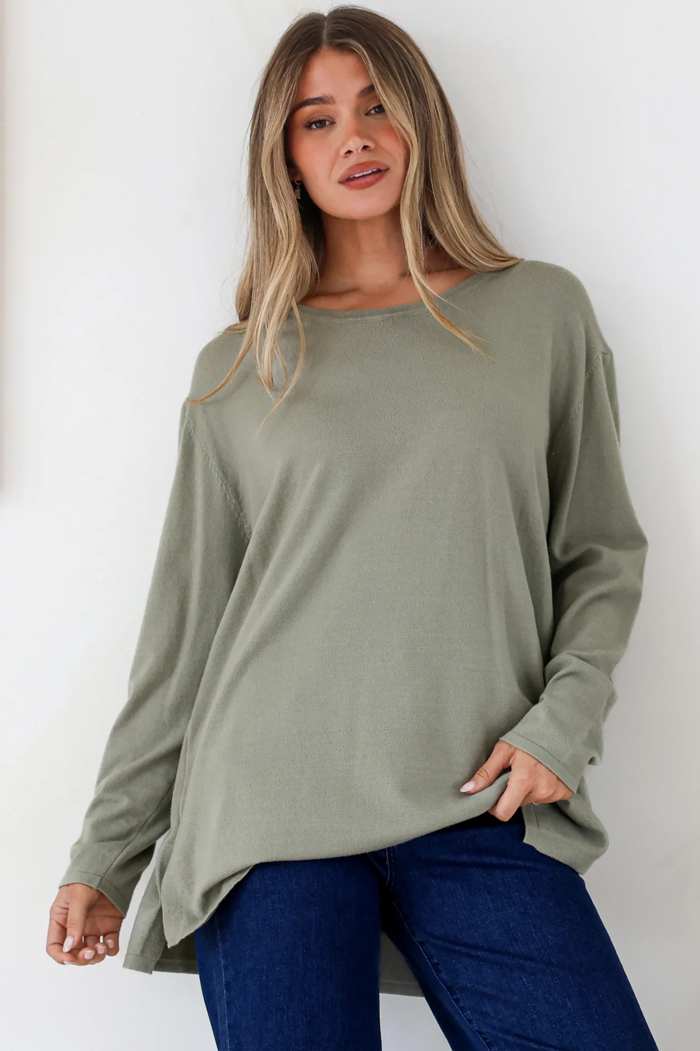 Rylee Jumper - Crew Neck Long Sleeve Pullover with Side Splits in Olive - Image 4