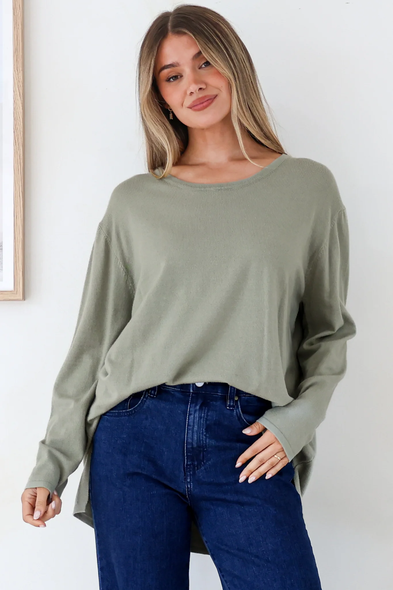 Rylee Jumper - Crew Neck Long Sleeve Pullover with Side Splits in Olive - Image 5