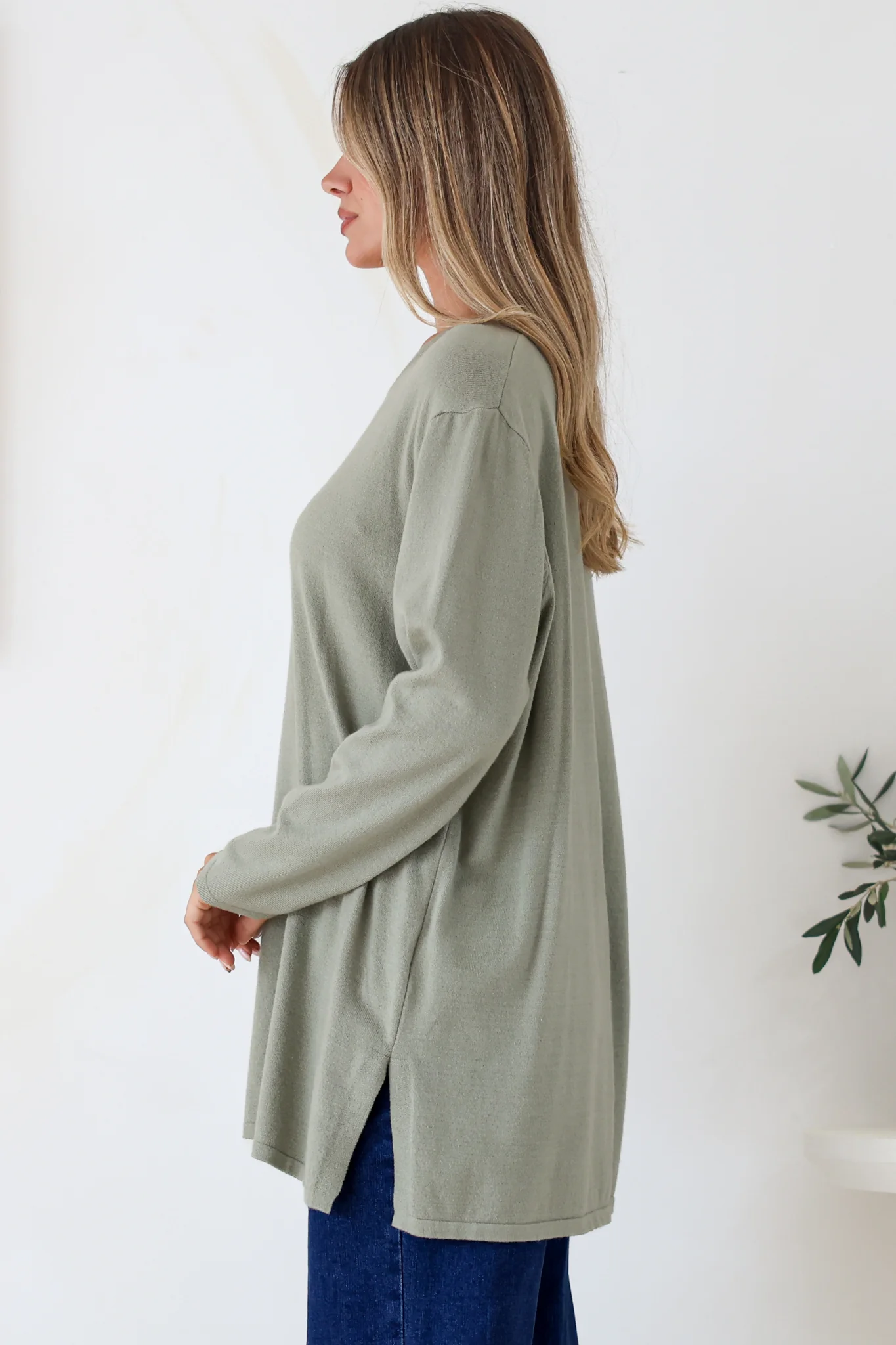 Rylee Jumper - Crew Neck Long Sleeve Pullover with Side Splits in Olive - Image 6