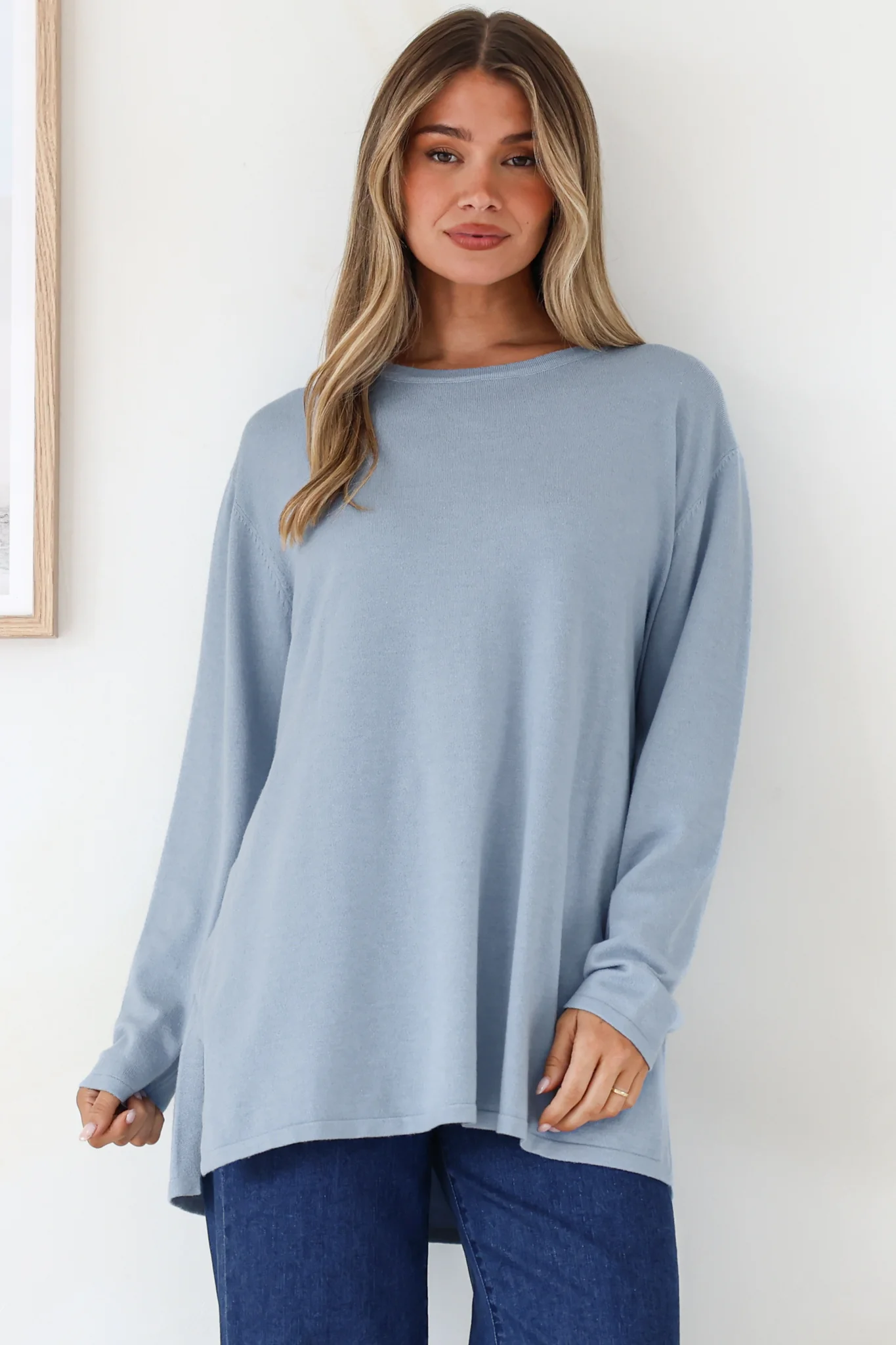 Rylee Jumper - Crew Neck Long Sleeve Pullover with Side Splits in Powder Blue - Image 2