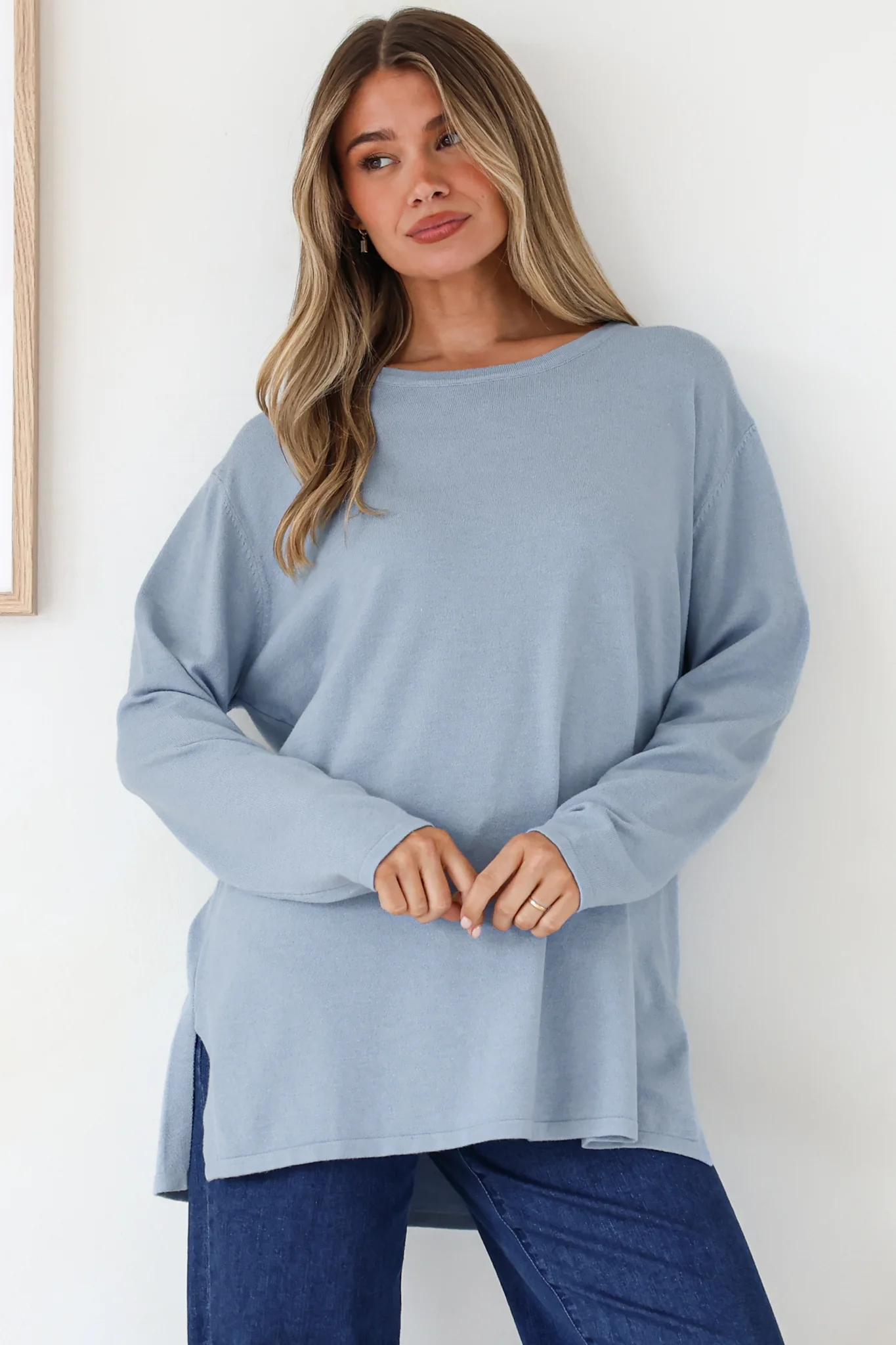 Rylee Jumper - Crew Neck Long Sleeve Pullover with Side Splits in Powder Blue - Image 4