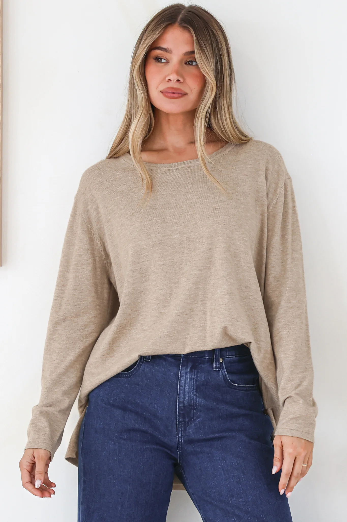 Rylee Jumper - Crew Neck Long Sleeve Pullover with Side Splits in Taupe - Image 2